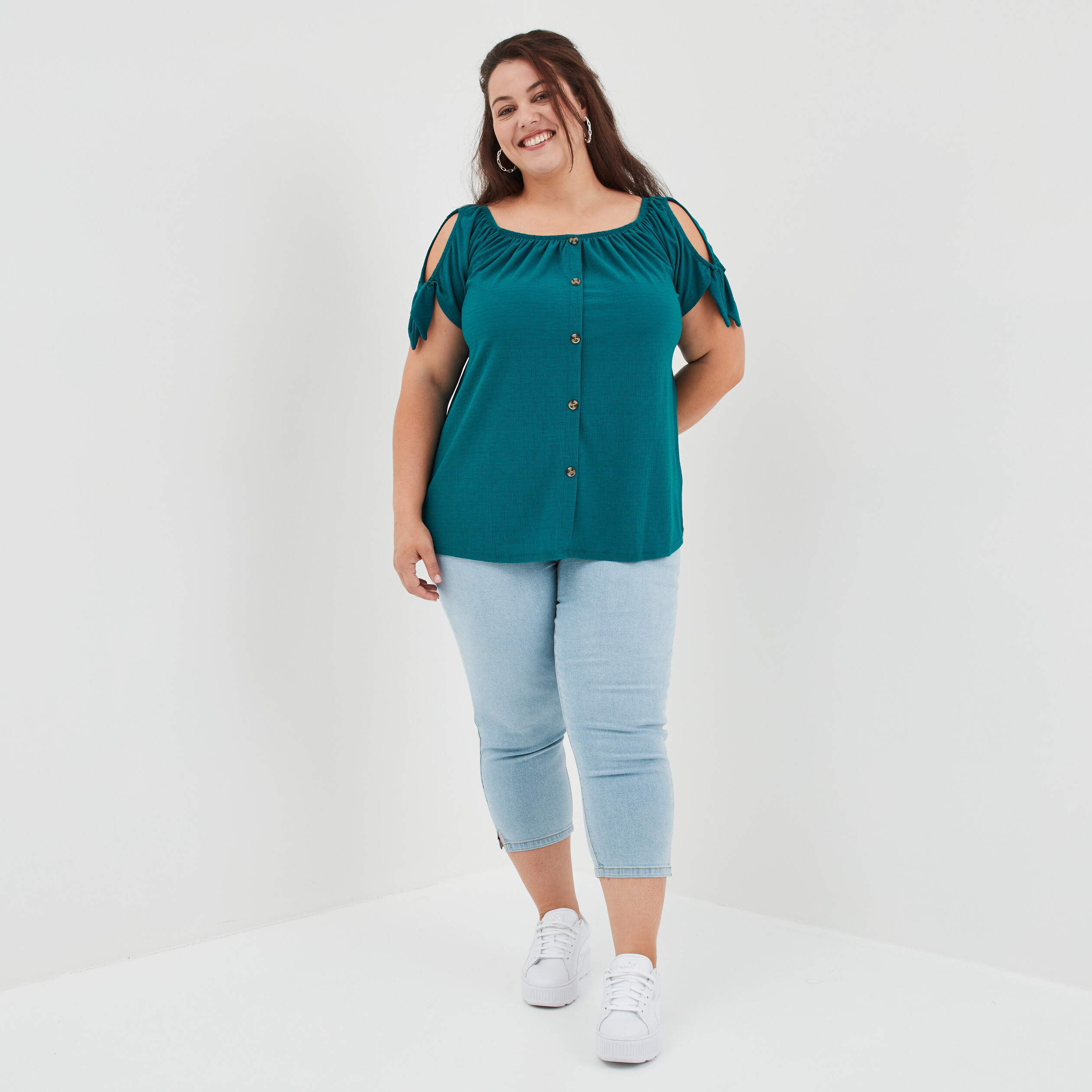 T-shirt col bardot manches noeuds bleu canard femme grande taille