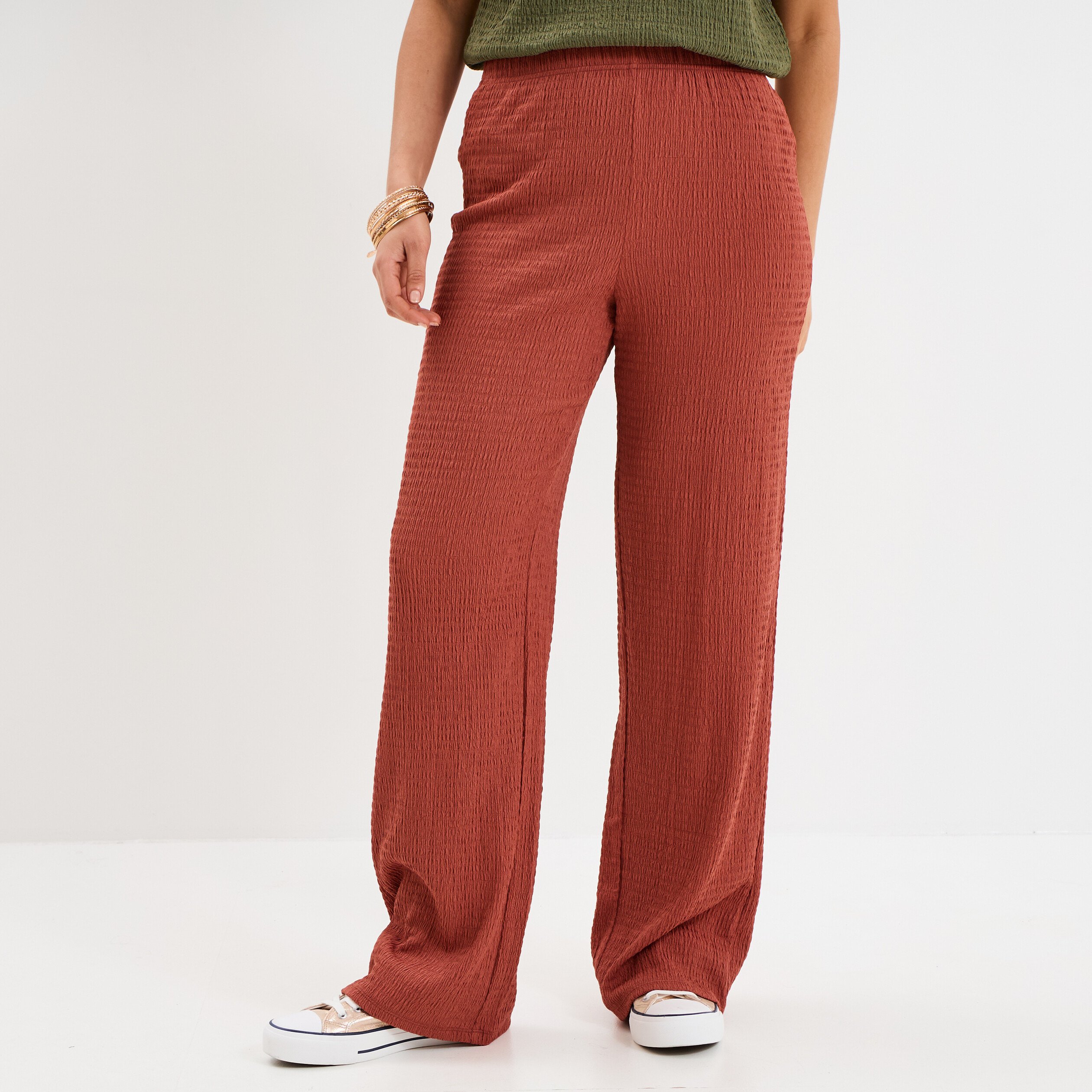 pantalon effet gaufre taille elastiquee vieux rose femme Pantalon effet gaufré taille élastiquée vieux rose femme