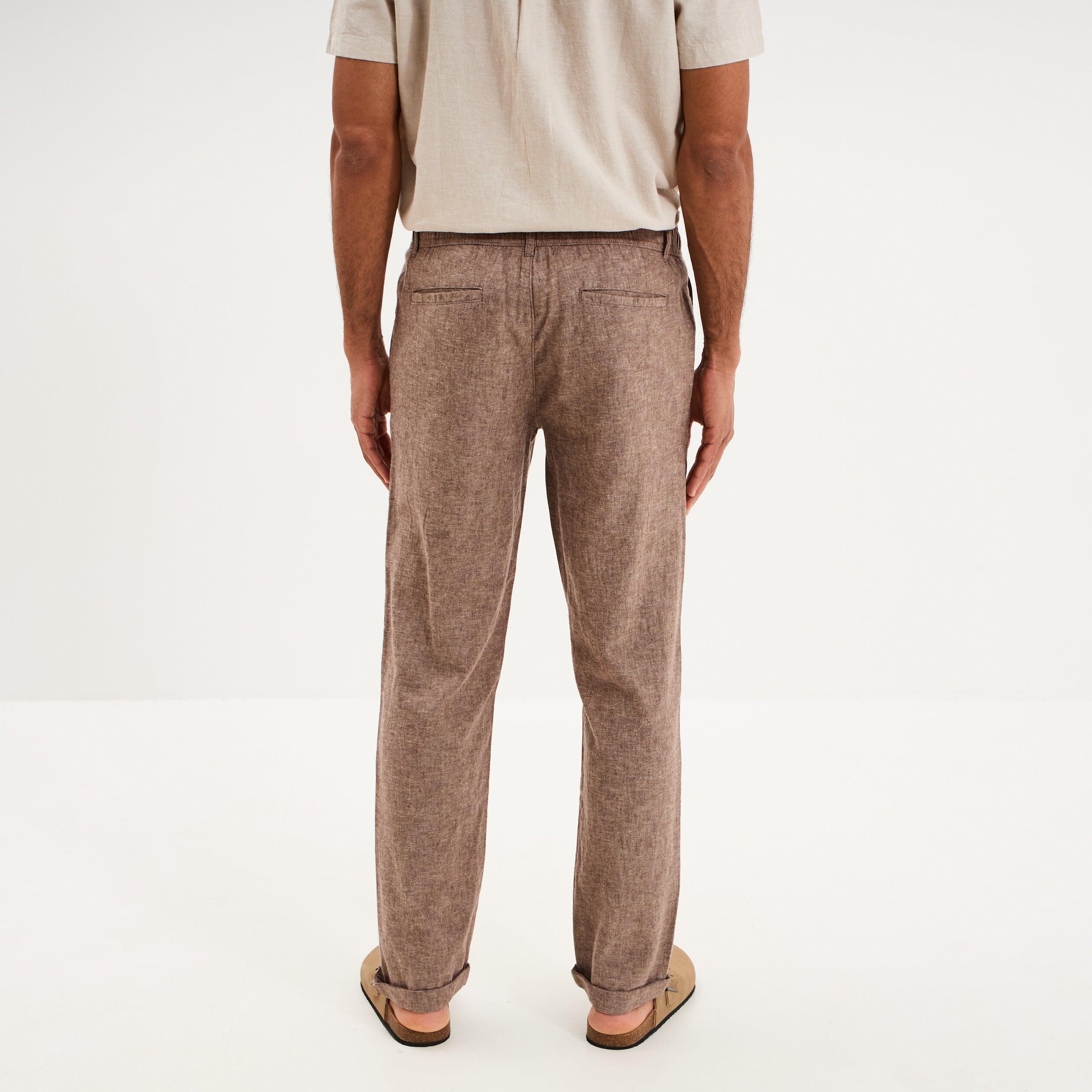 Pantalon chino droit lin m&eacute;lang&eacute; marron homme