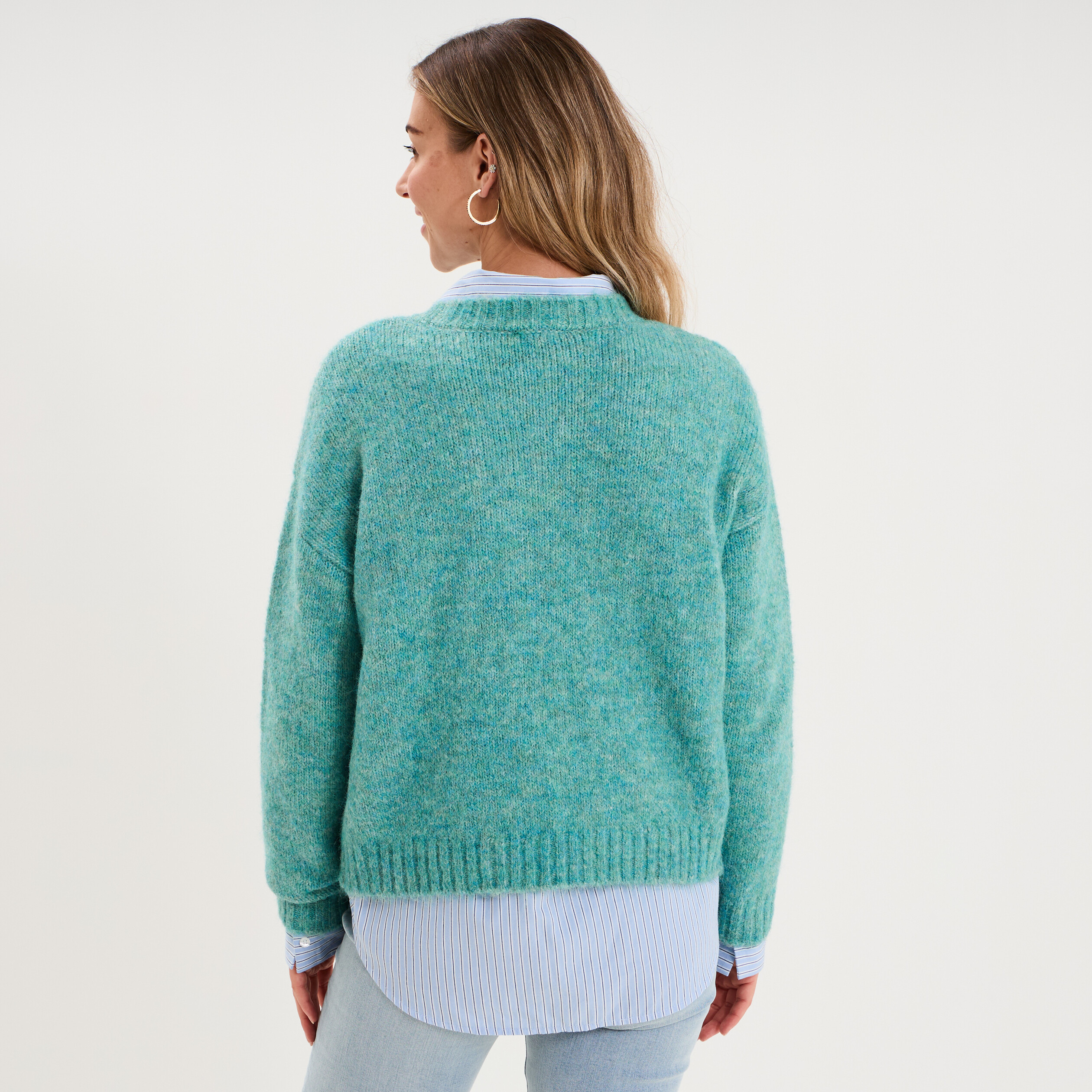 Pull col rond manches longues bleu canard femme