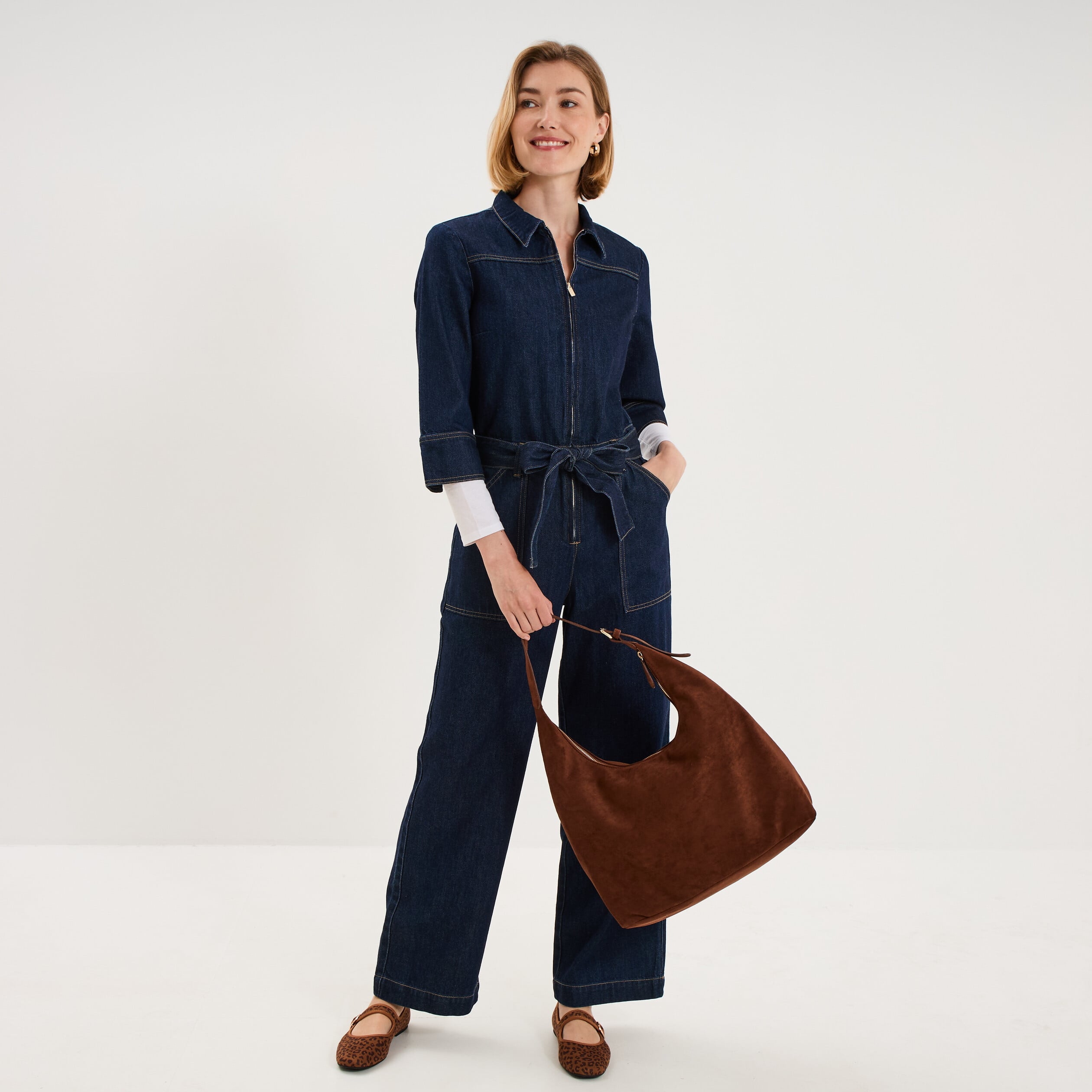Combinaison pantalon large denim 3/4 denim brut femme
