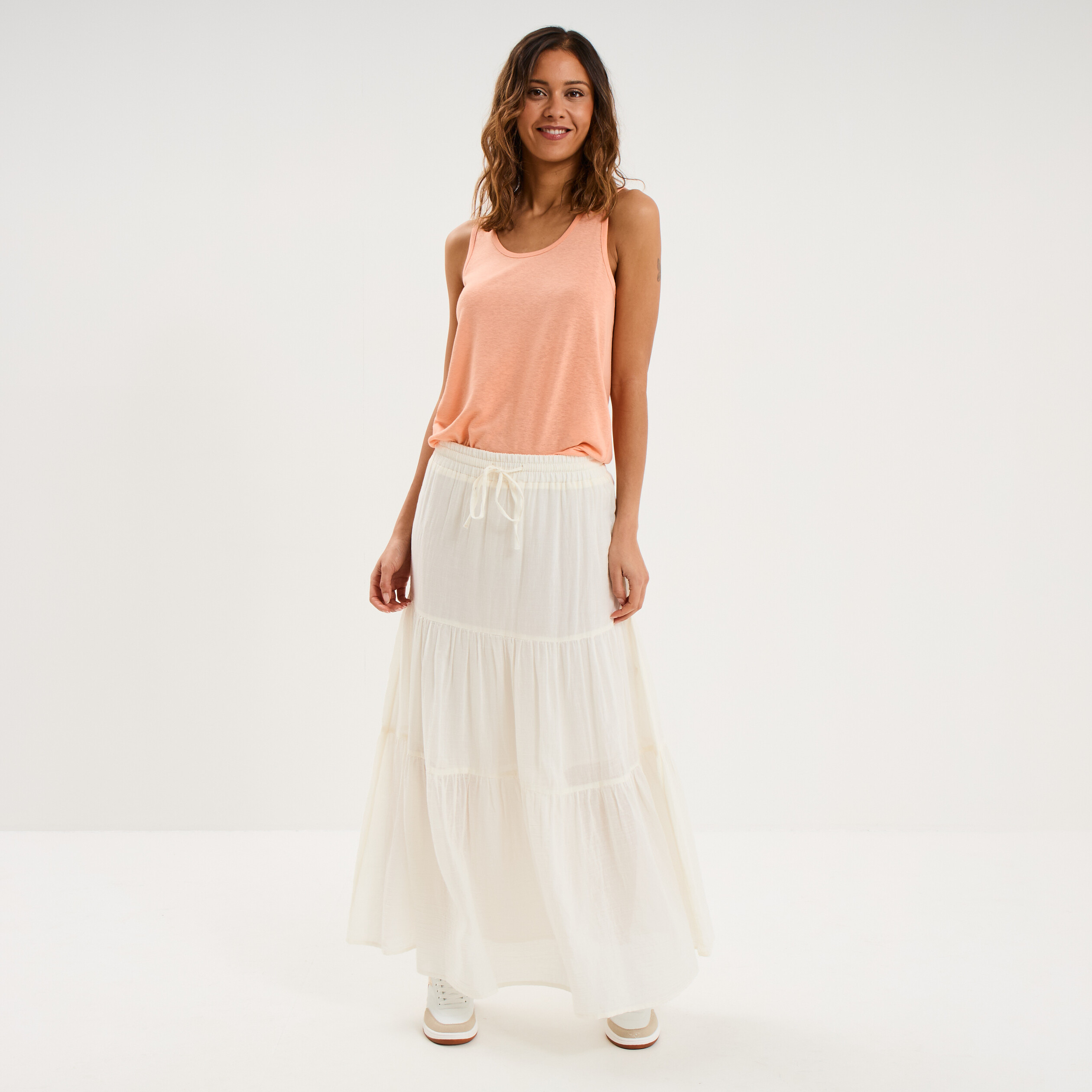 D&eacute;bardeur col rond m&eacute;lange lin rose saumon femme