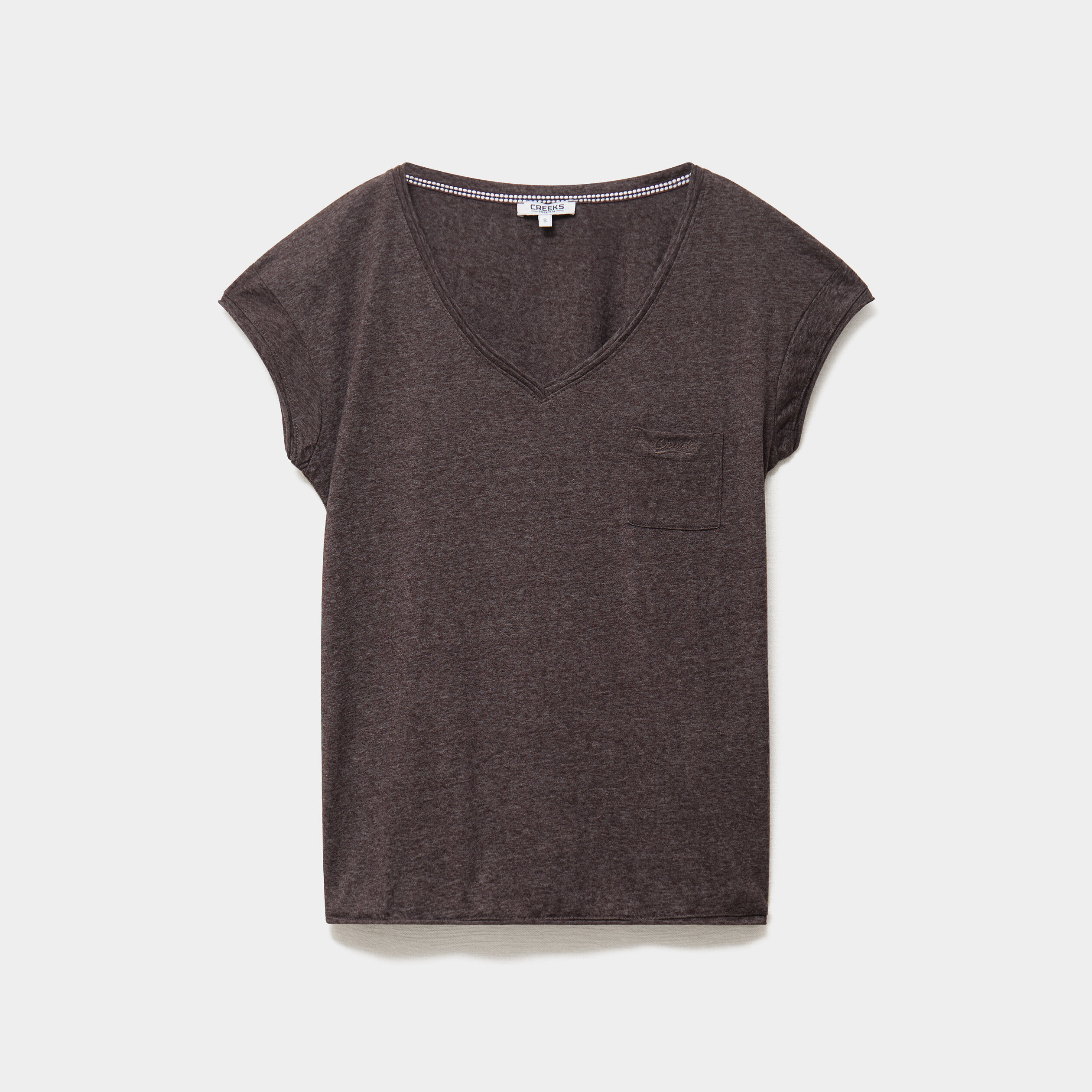 T-shirt col v poche poitrine marron fonc&eacute; femme