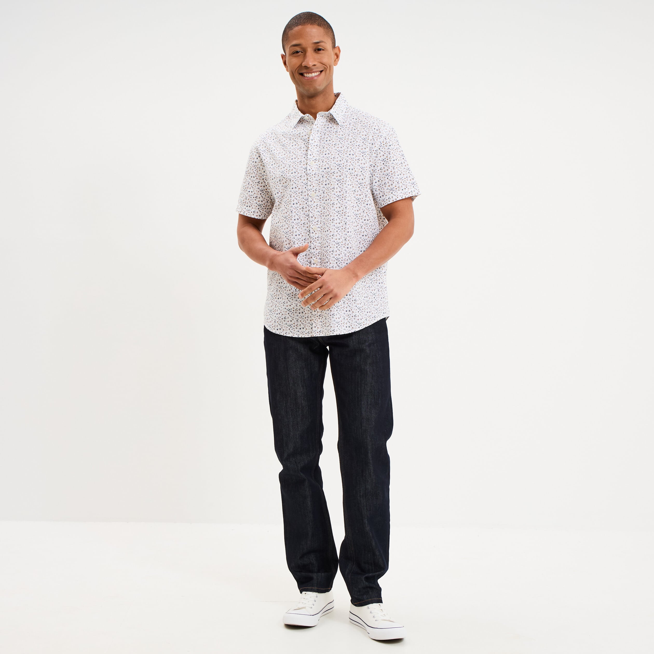 Chemise droite manches courtes coton ecru homme