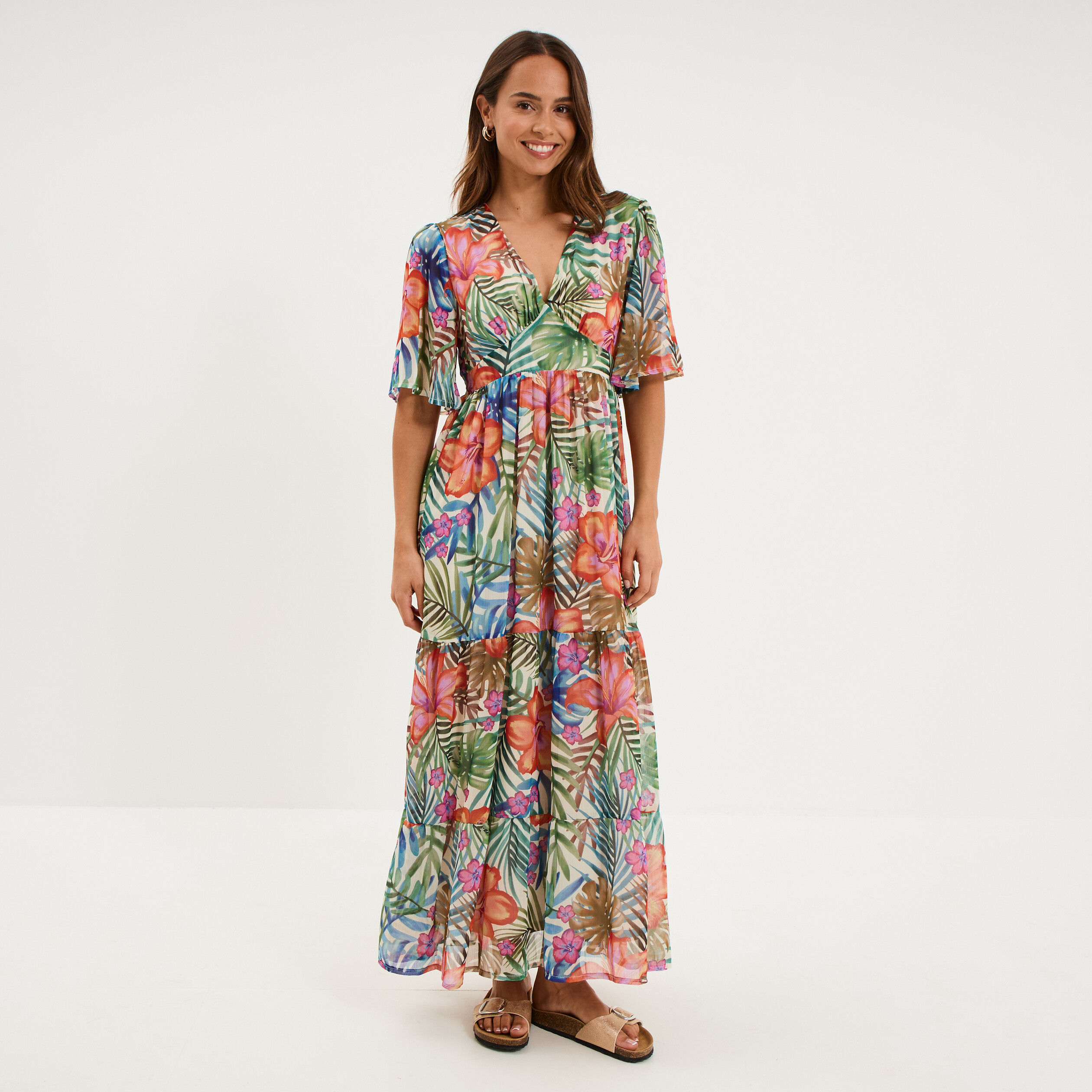 Robe longue bas volants col en V multicolore femme
