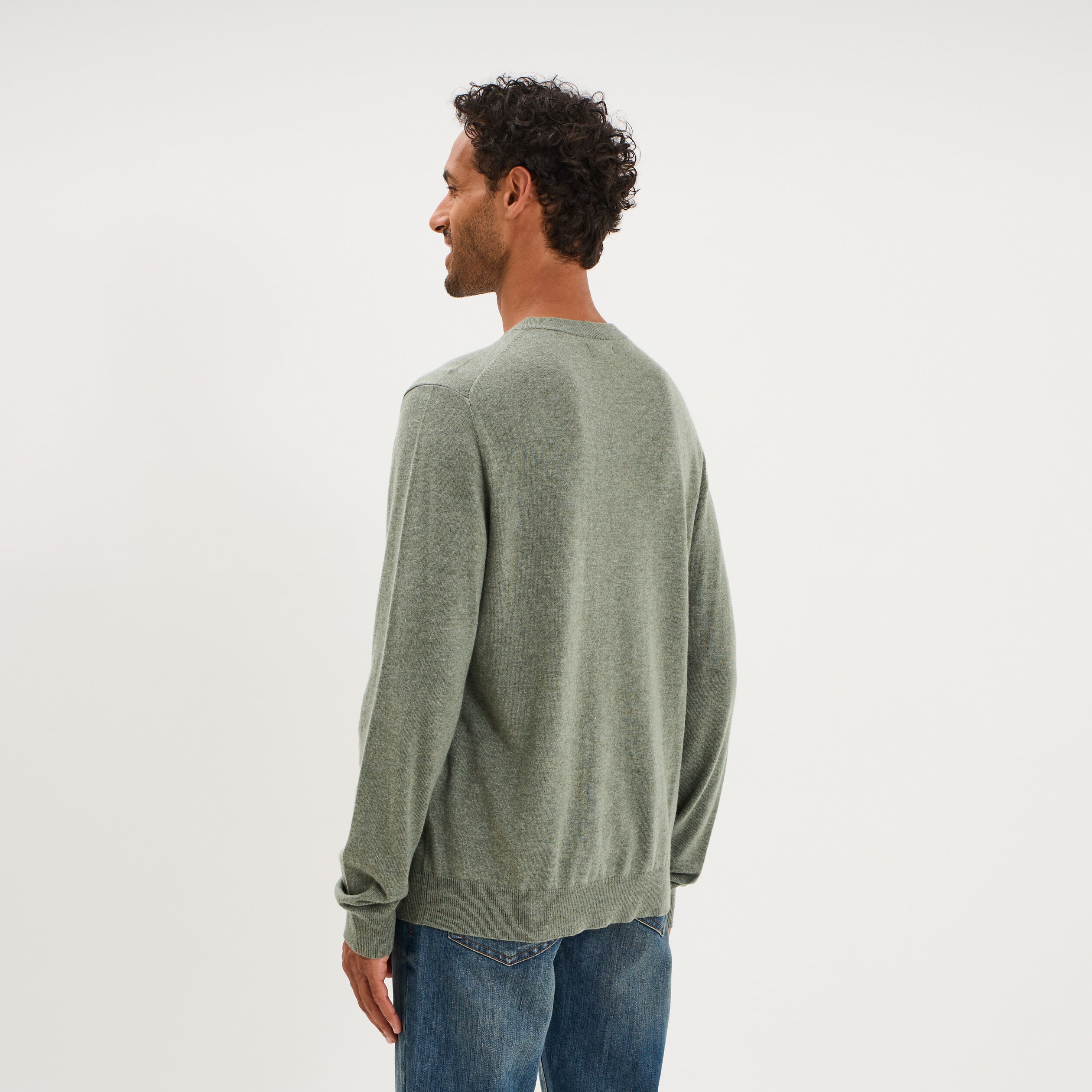Pull col rond manches longues vert kaki homme