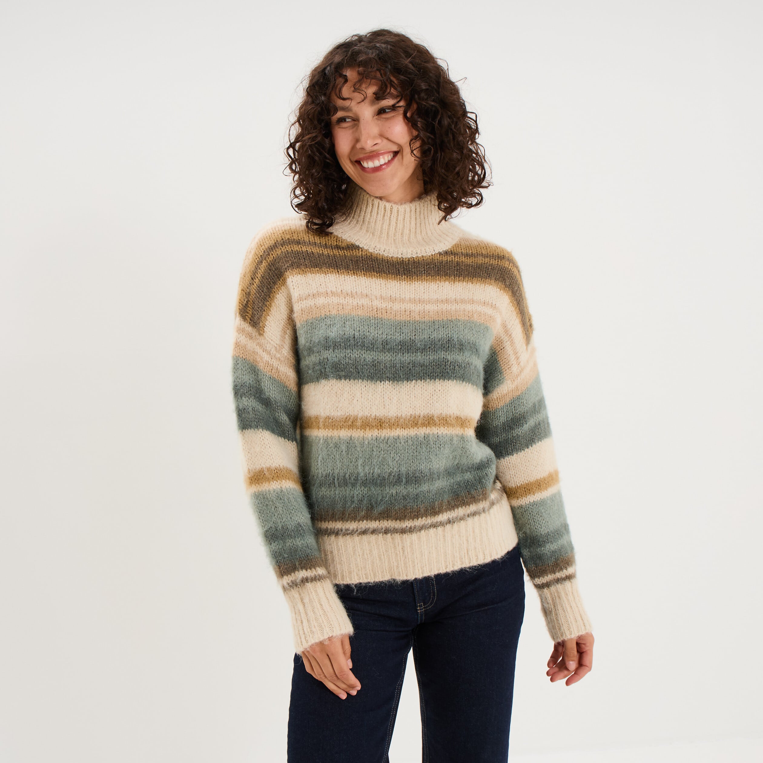 Pull col montant manches longues vert olive femme