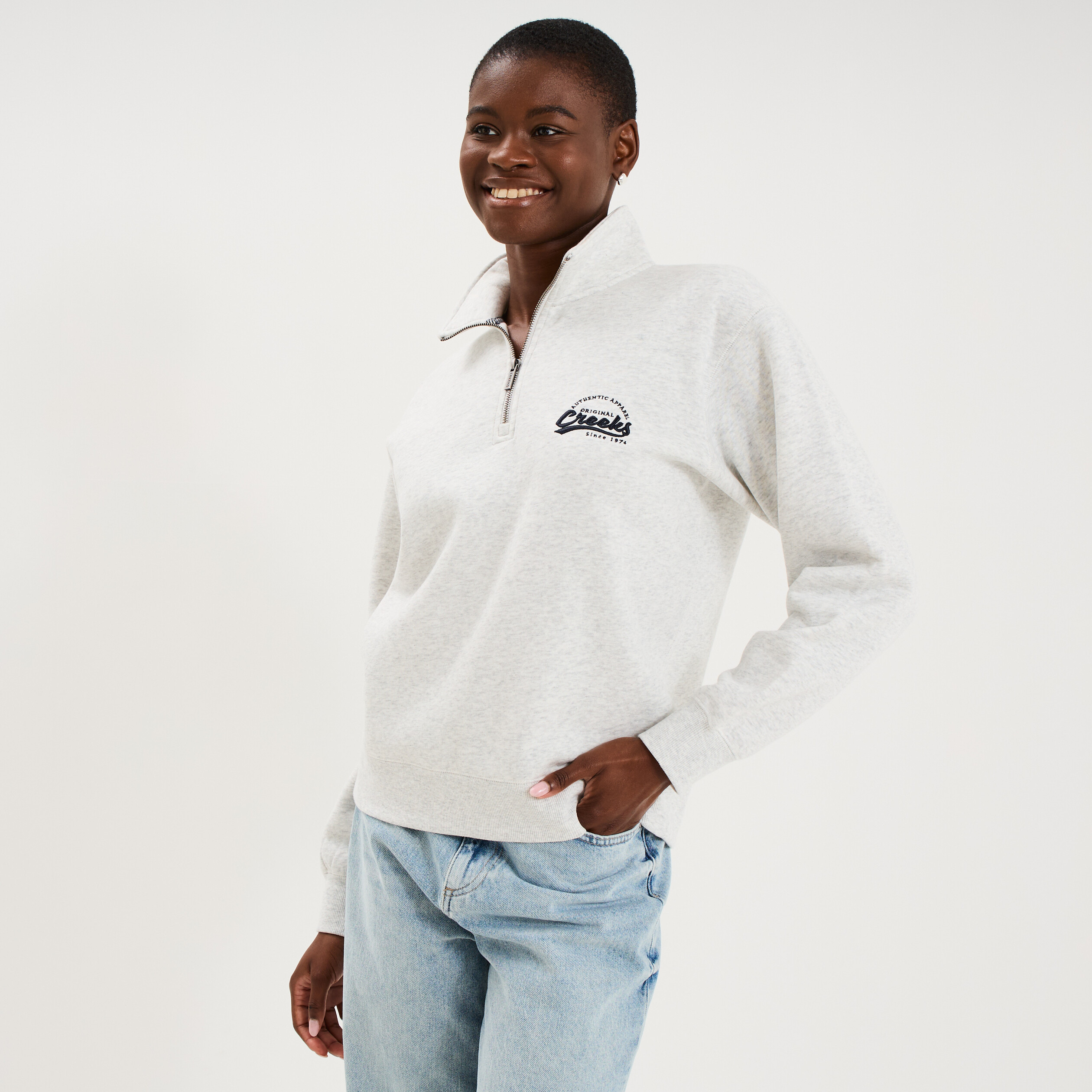 Sweat col camionneur zipp&eacute; gris clair femme