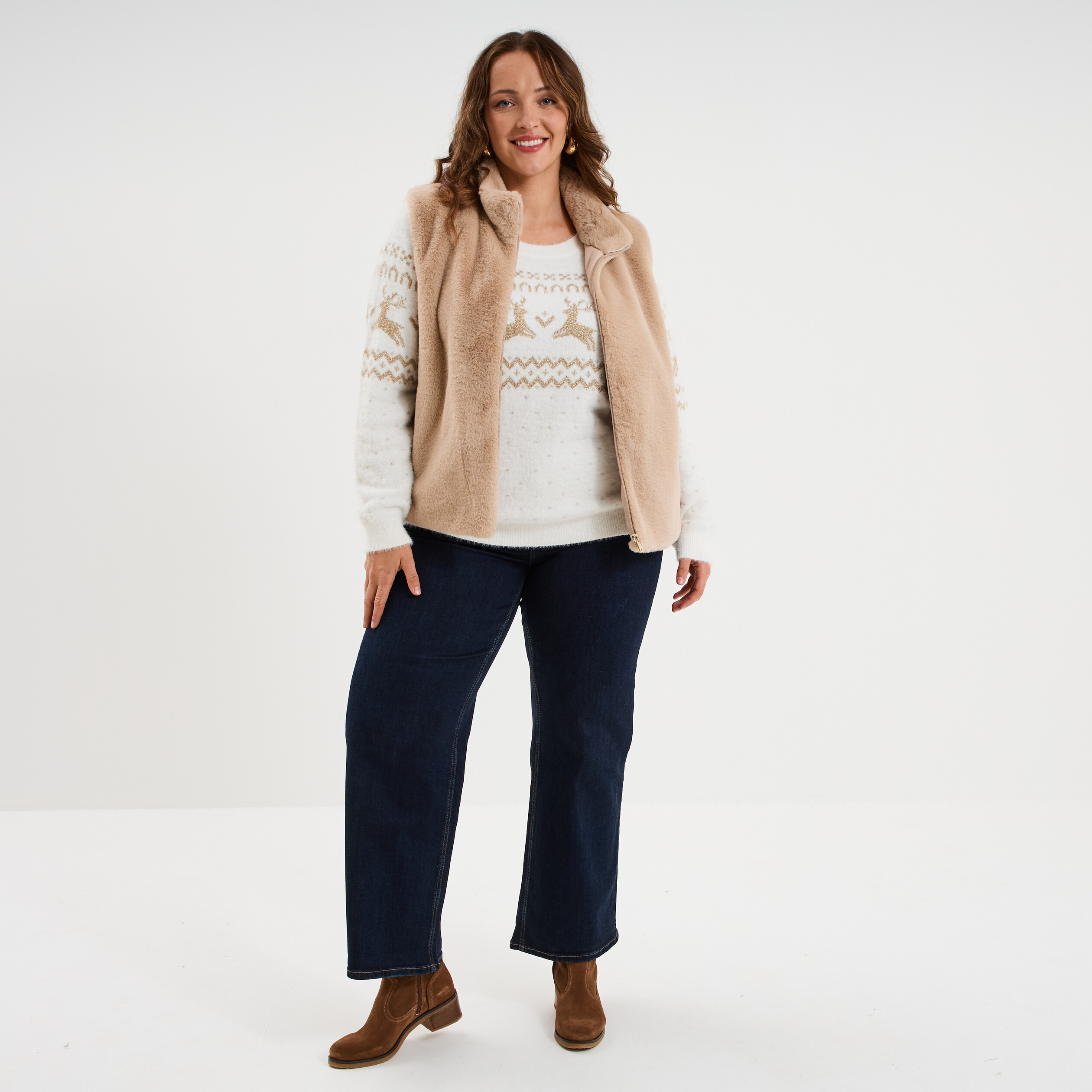 Veste fausse fourrure sans manches beige femme grande taille