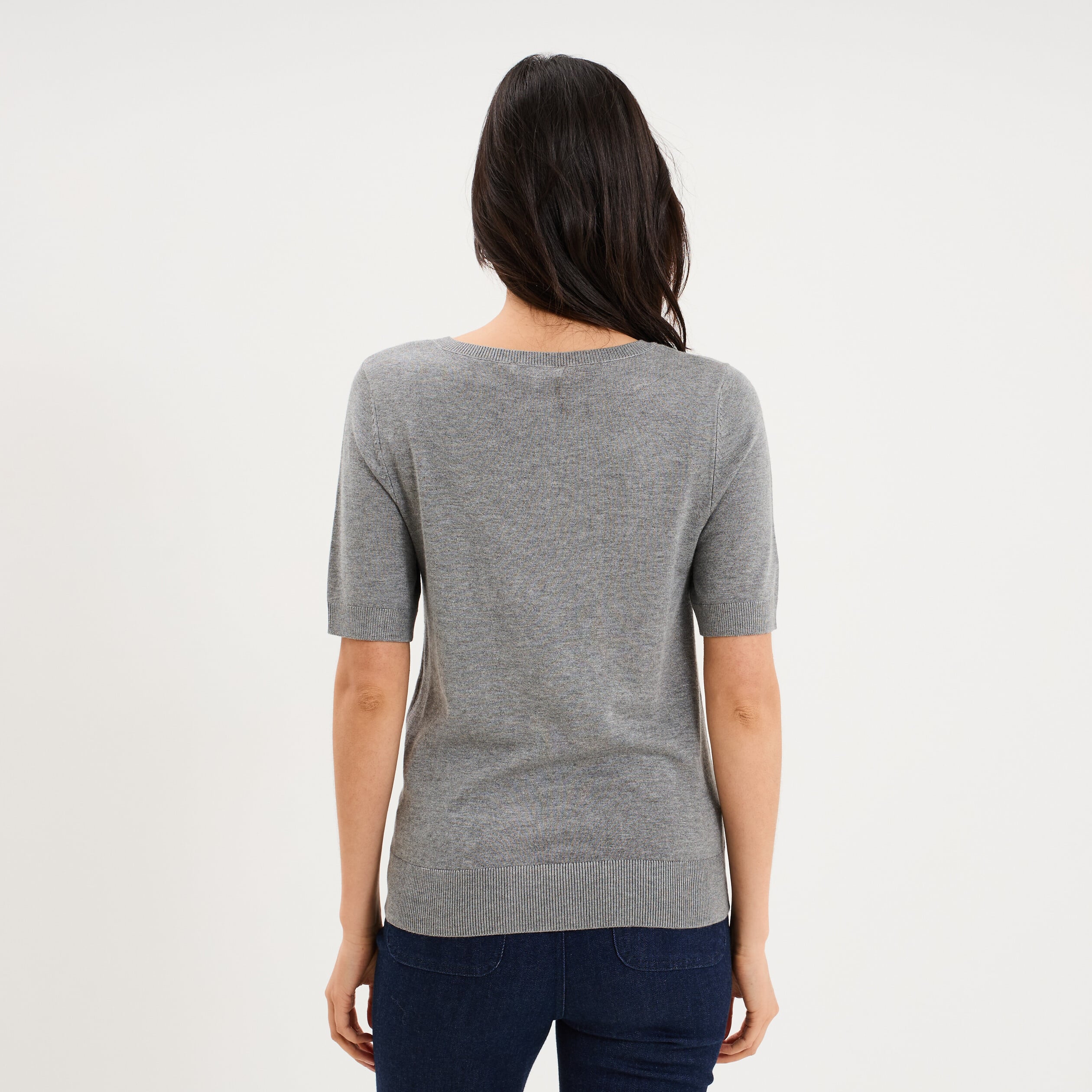 Pull manches courtes col rond gris femme
