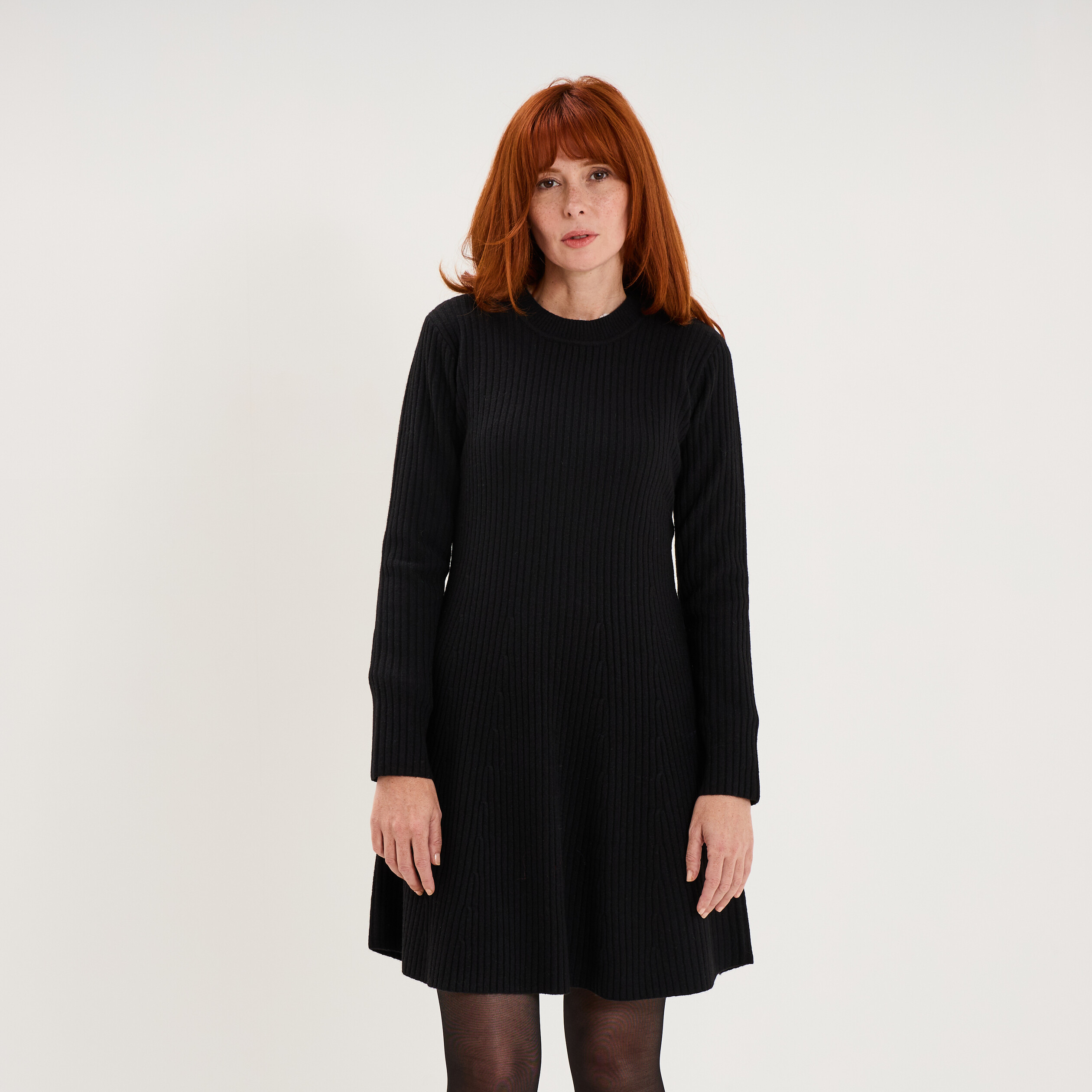Robe tricot c&ocirc;tel&eacute;e manches longues noir femme