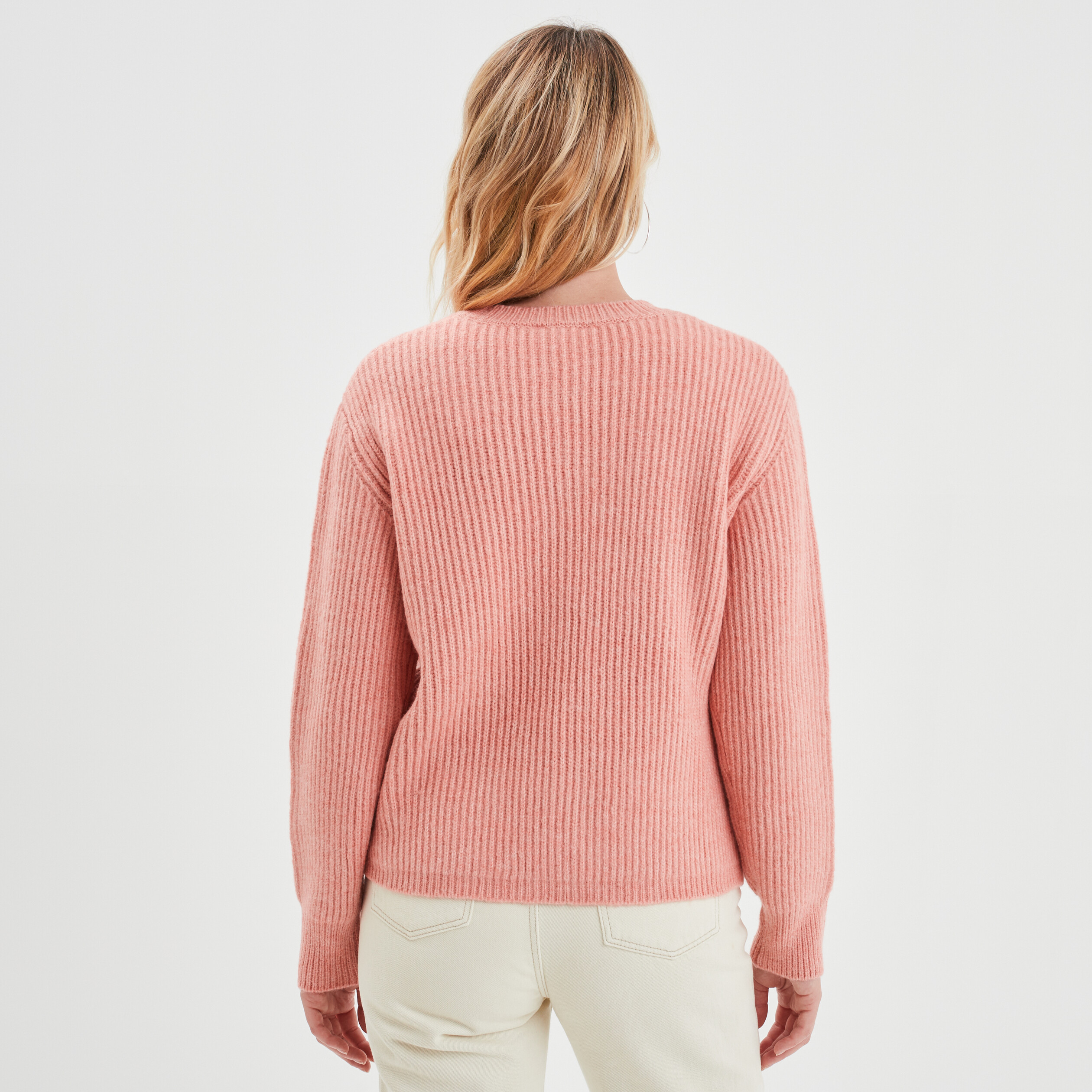 Pull col rond manches longues rose saumon femme La Halle