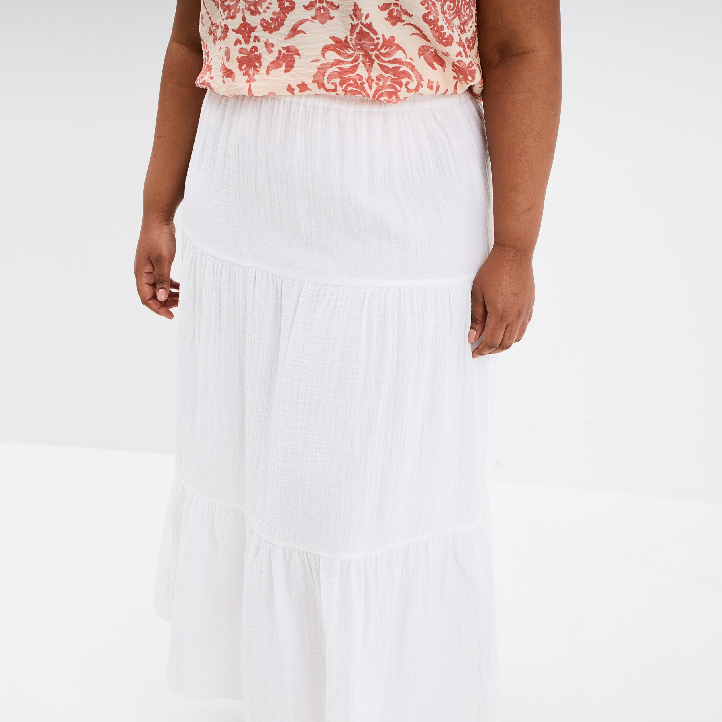 jupe longue evasee gaze de coton blanc femmegt Jupe longue évasée gaze de coton blanc femme grande taille