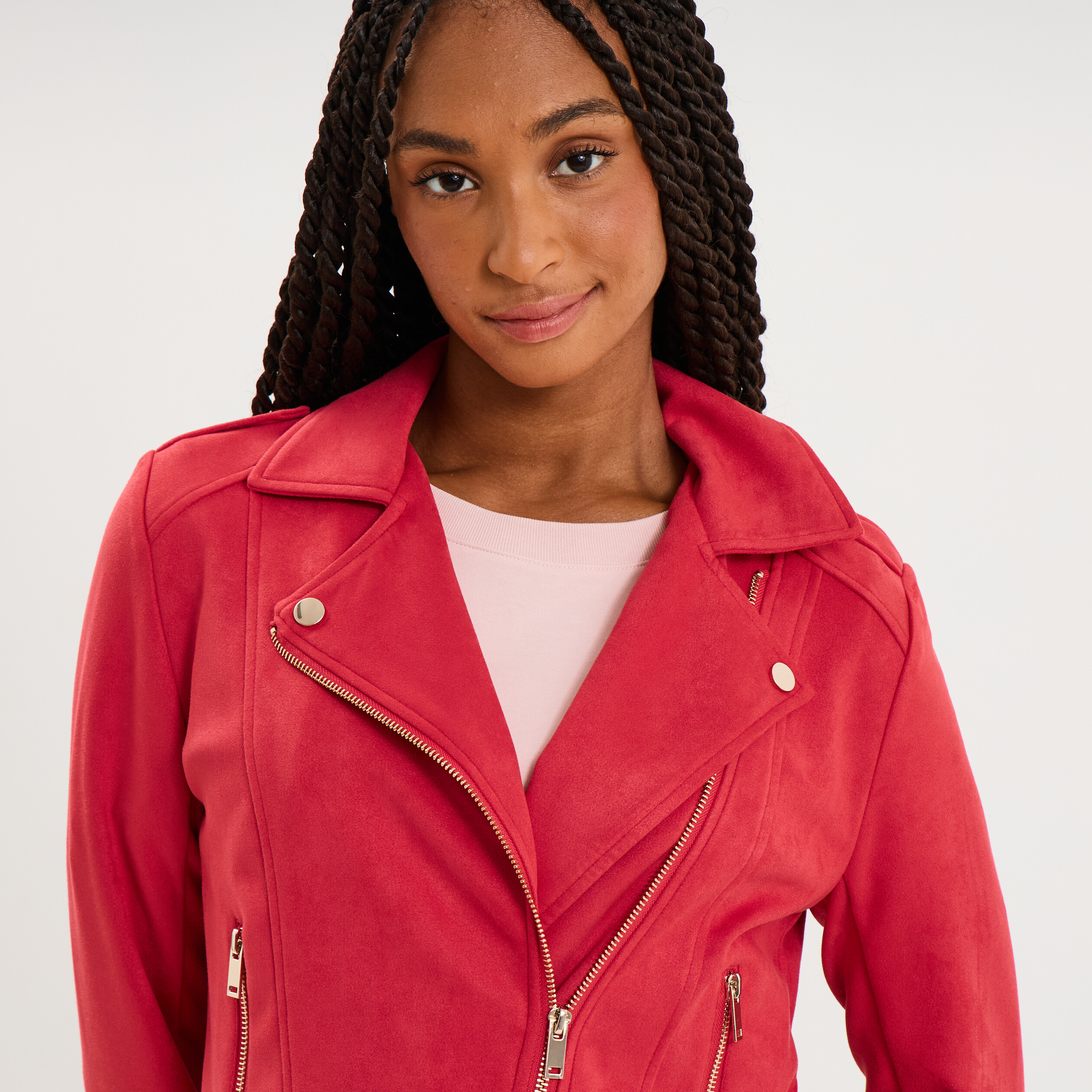 Veste biker en su&eacute;dine ajust&eacute;e rouge femme