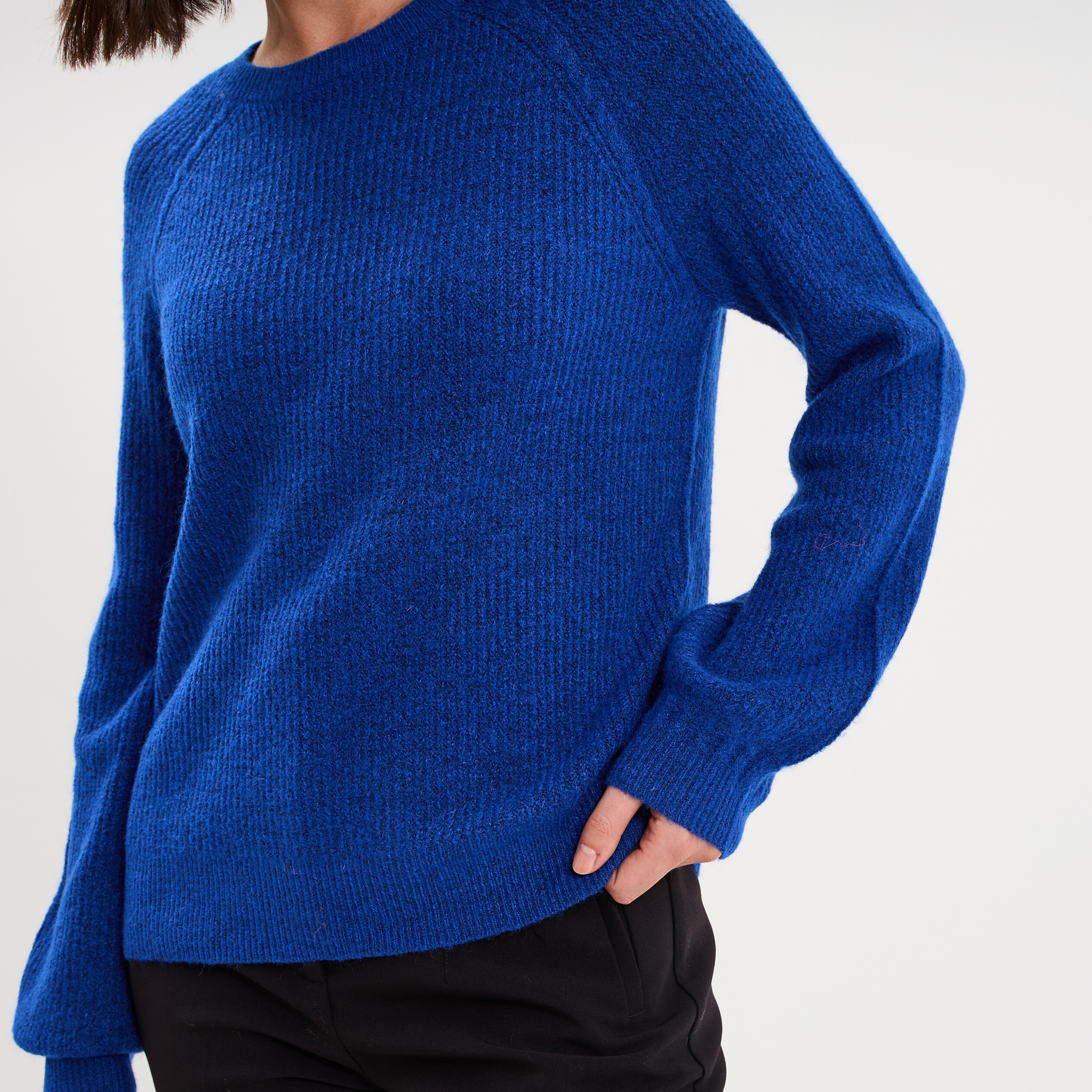 Pull col rond manches longues bleu roi femme
