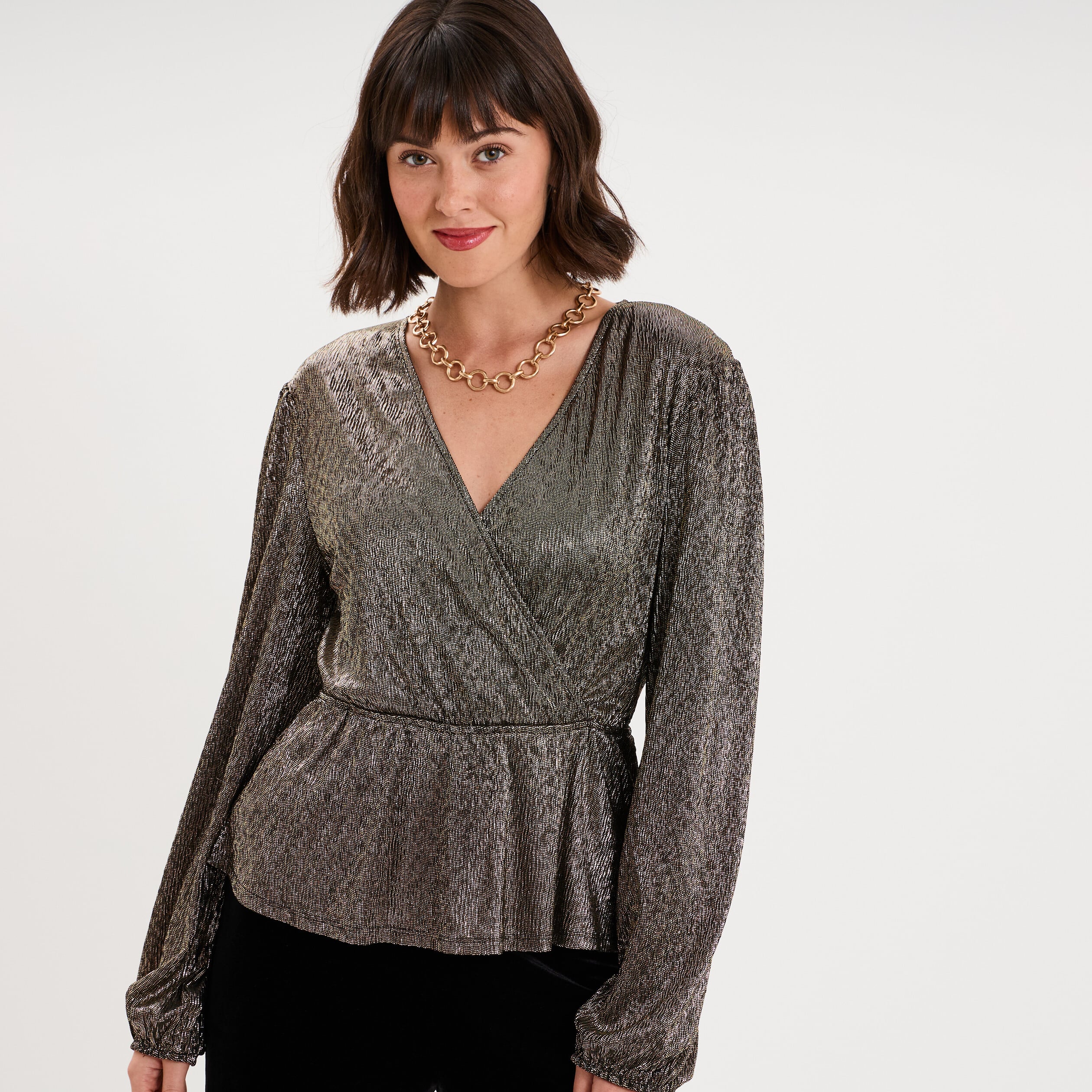Blouse cache-coeur manches longues jaune or femme