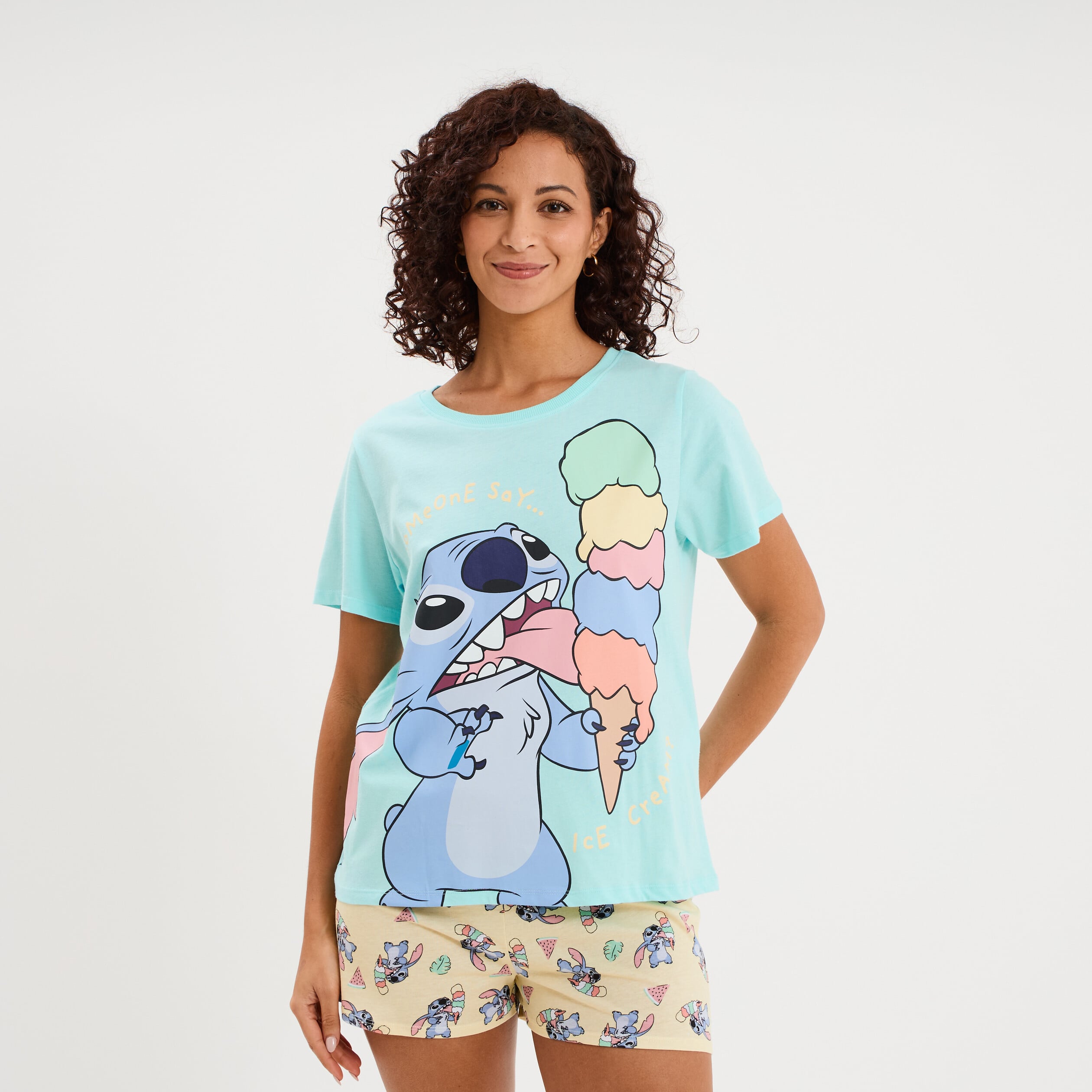 Ensemble pyjama short coton Stitch bleu turquoise femme