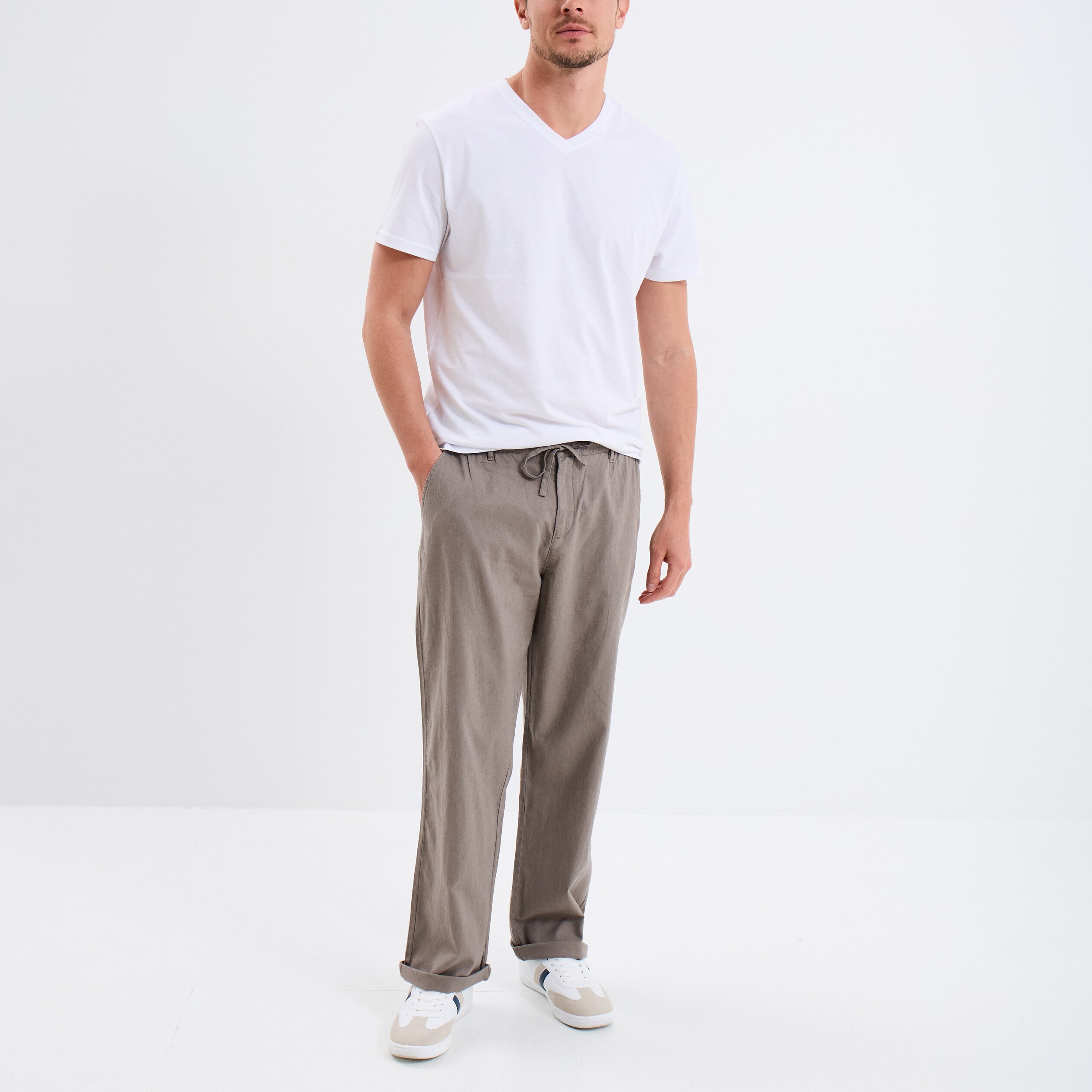 pantalon chino melange lin coton gris homme Pantalon chino mélange lin coton gris homme