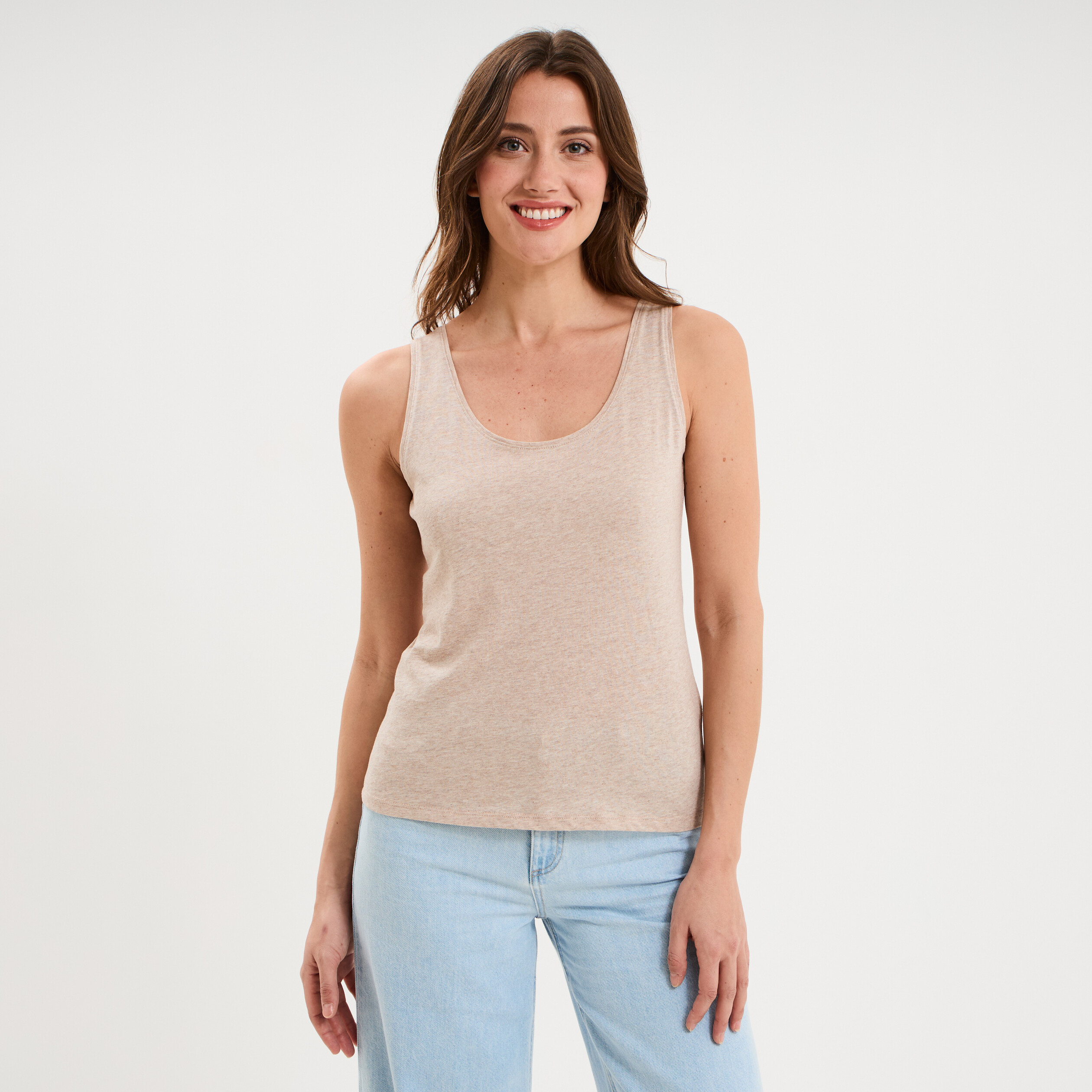 D&eacute;bardeur bretelles larges coton beige femme