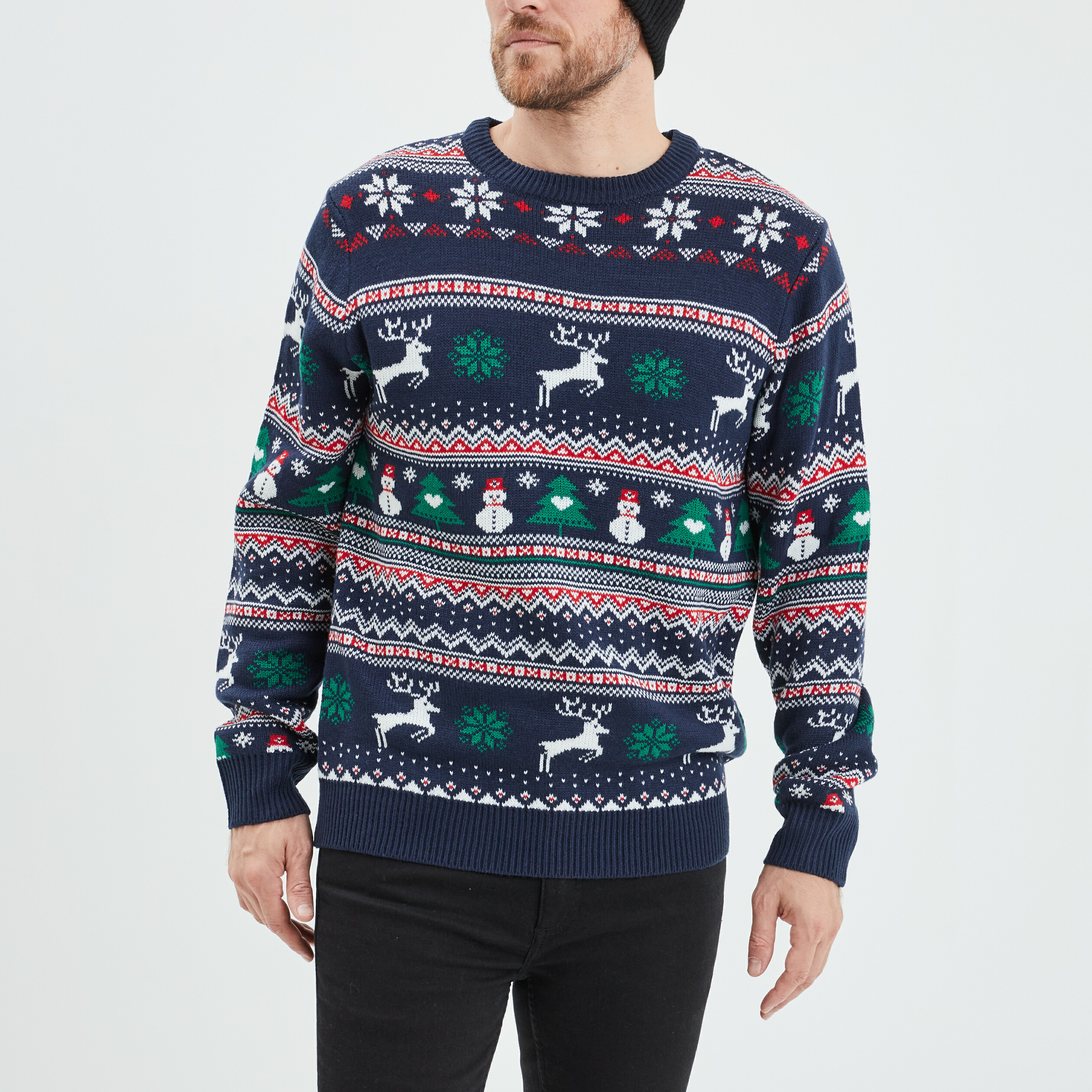 Pull de No&euml;l col rond manches longues multicolore homme