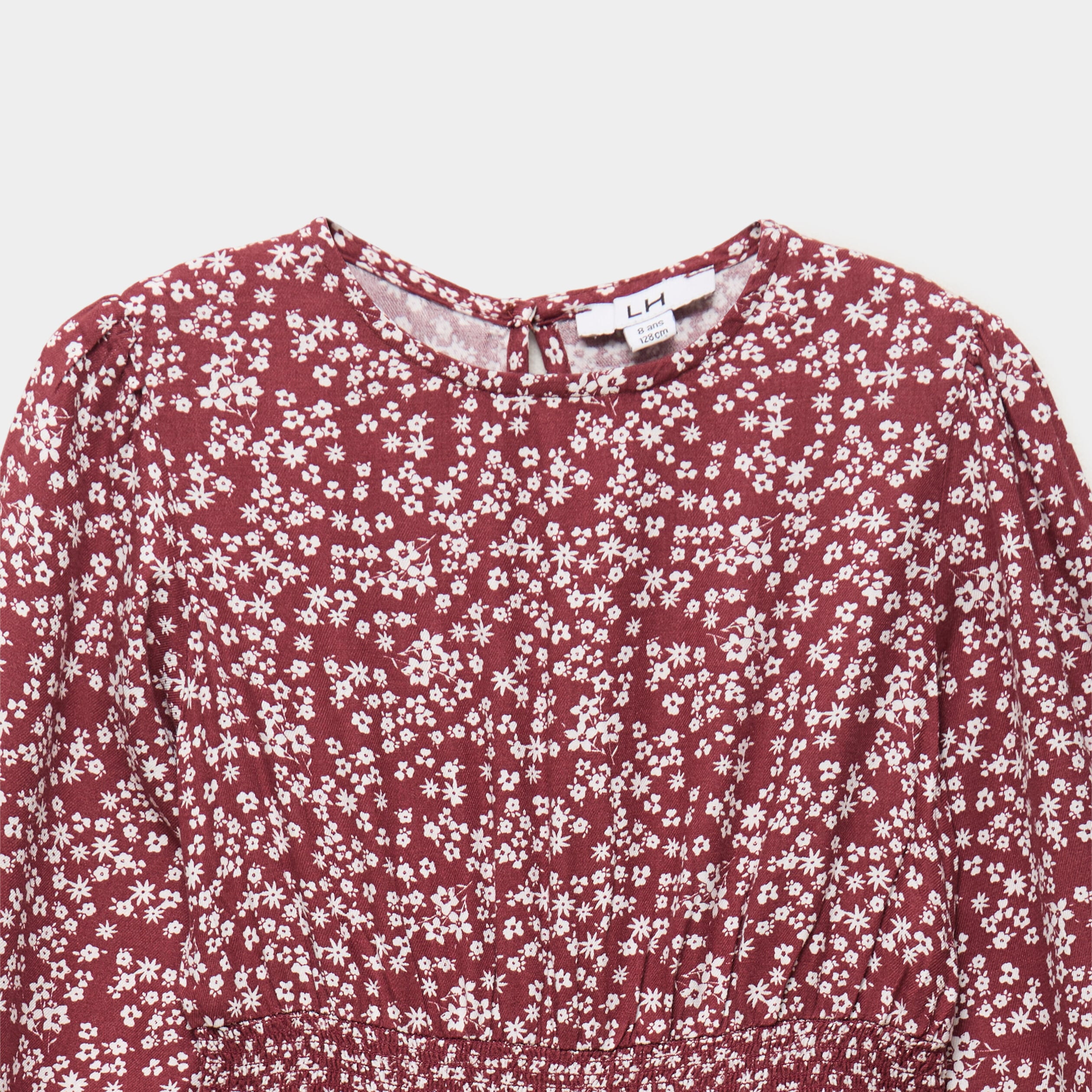 Robe courte patineuse &agrave; volants smock&eacute;e bordeaux fille