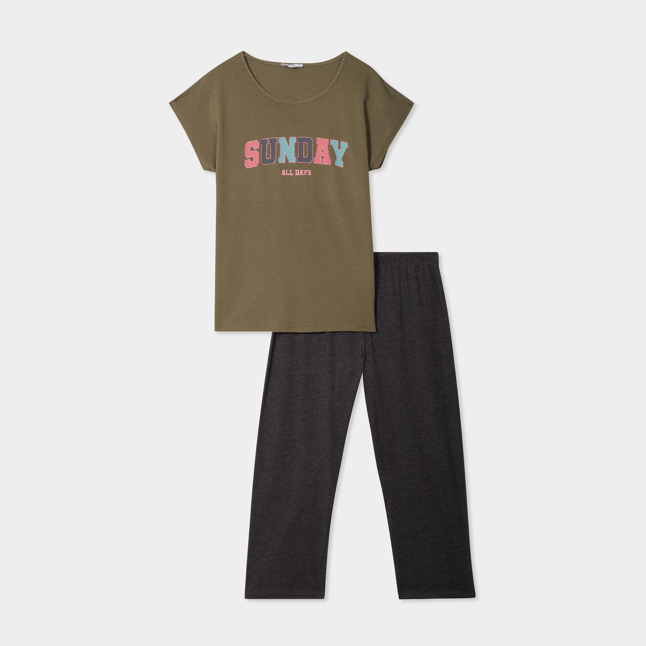 Ensemble pyjama corsaire t-shirt coton vert kaki femme