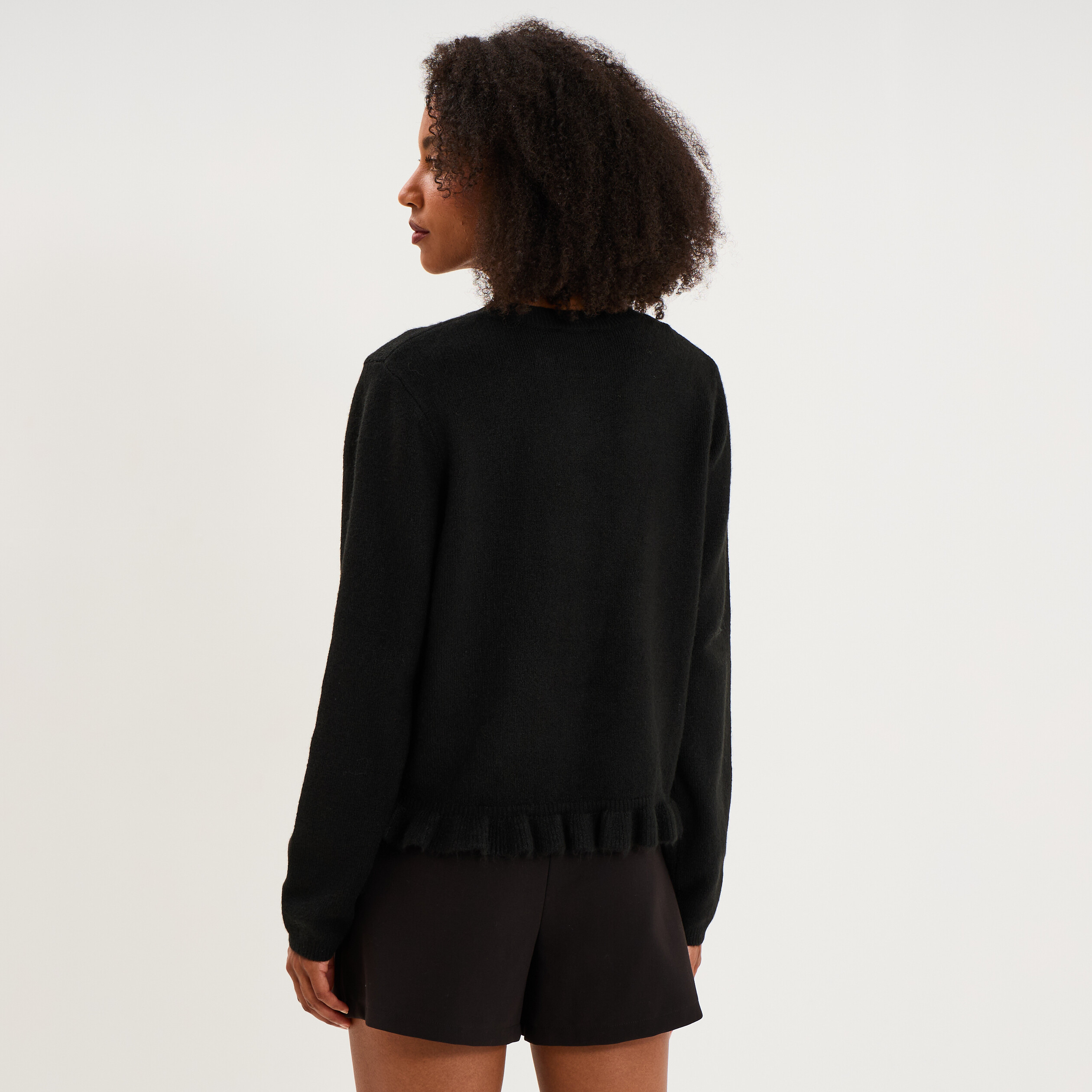 Gilet col rond &agrave; volants boutonn&eacute; noir femme