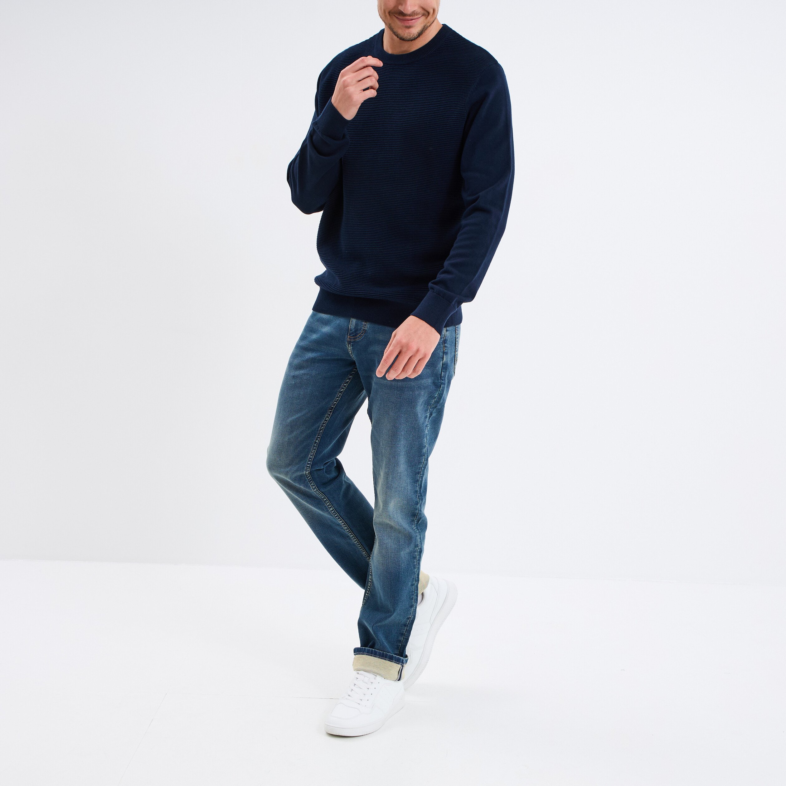 pull col rond coton manches longues bleu marine homme Pull col rond coton manches longues bleu marine homme