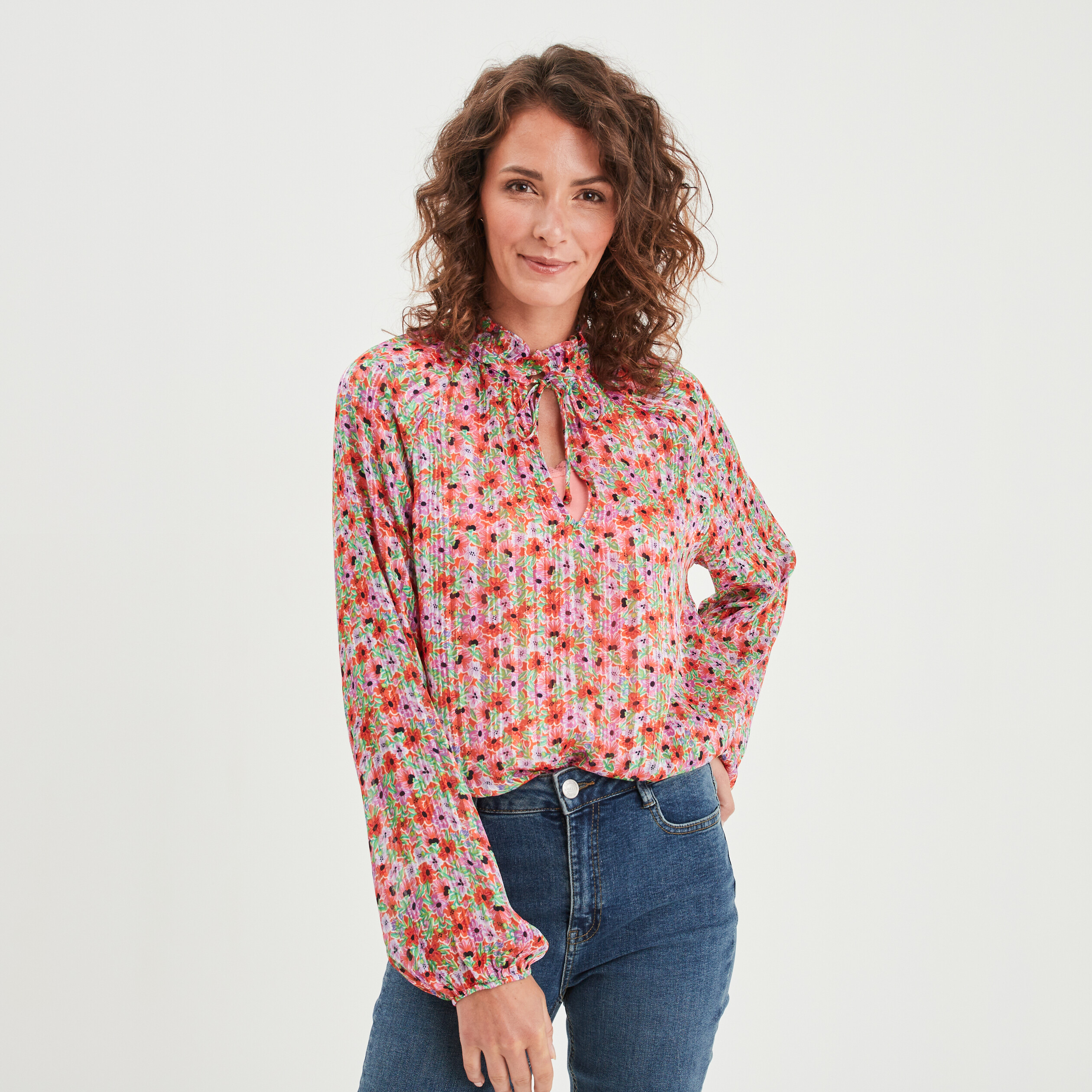 blouse col fronce a cordons et volants rouge femme Blouse col froncé à cordons et volants rouge femme