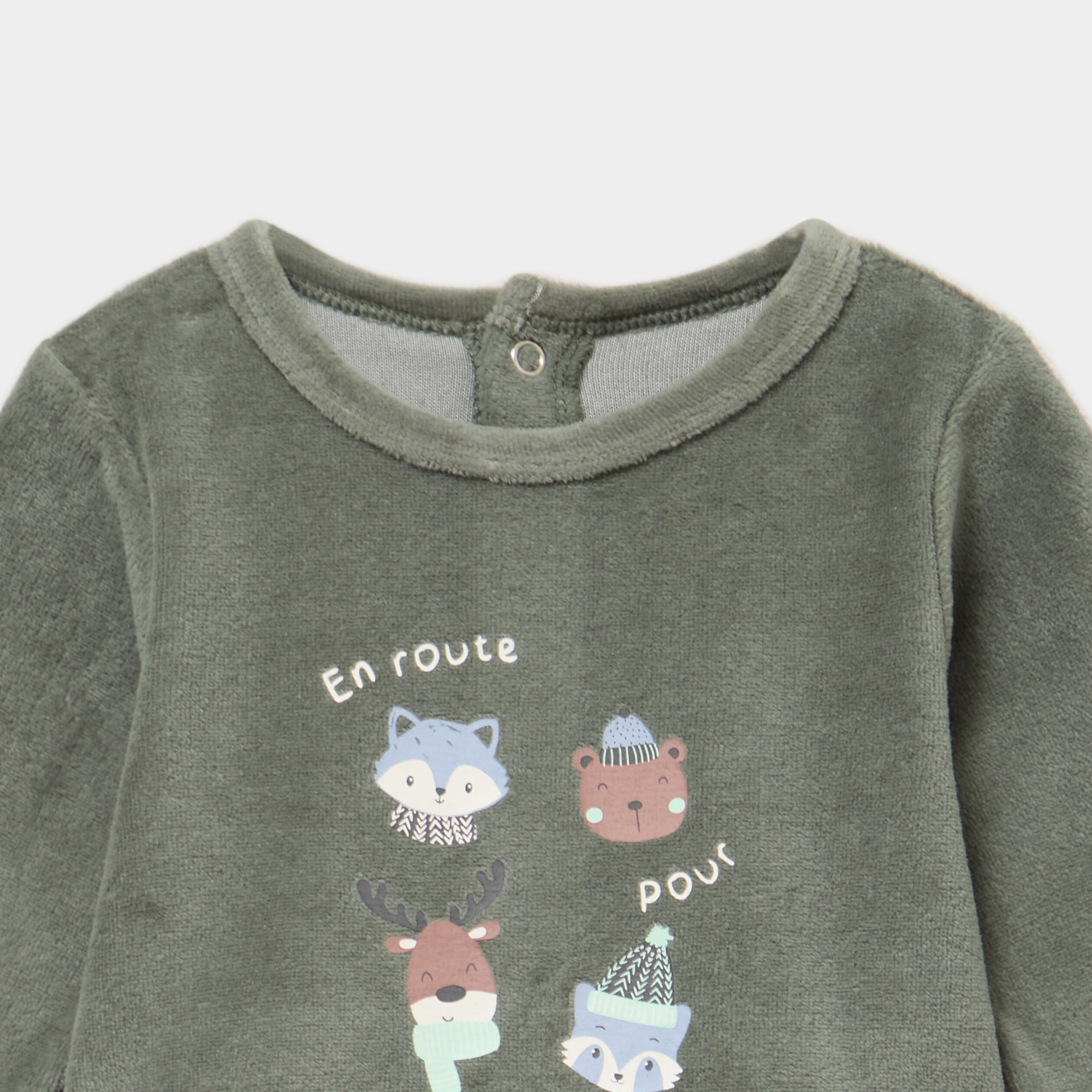 Dors-bien velours avec manches longues vert kaki b&eacute;b&eacute;