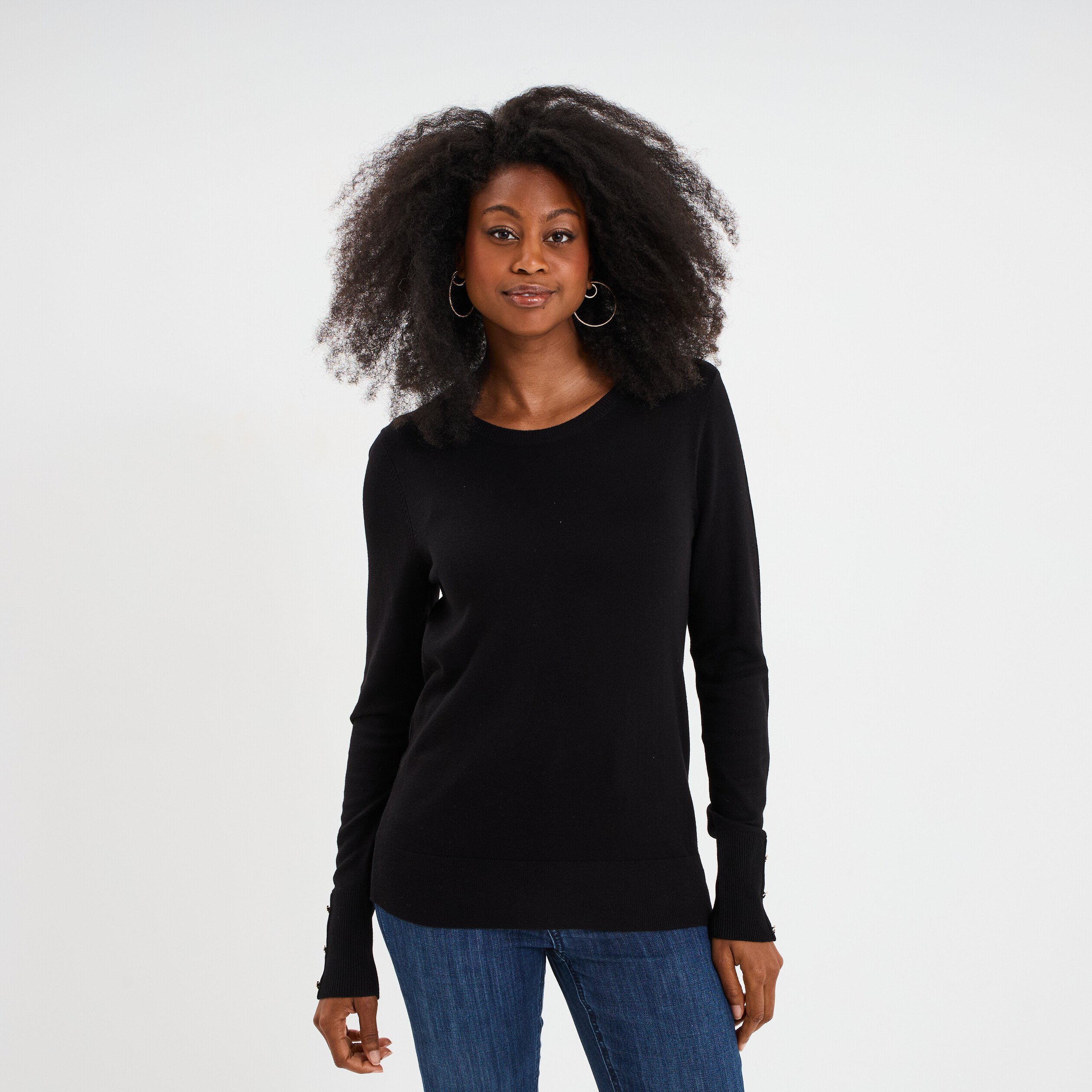 pull col rond boutons aux poignets noir femme Pull col rond boutons aux poignets noir femme