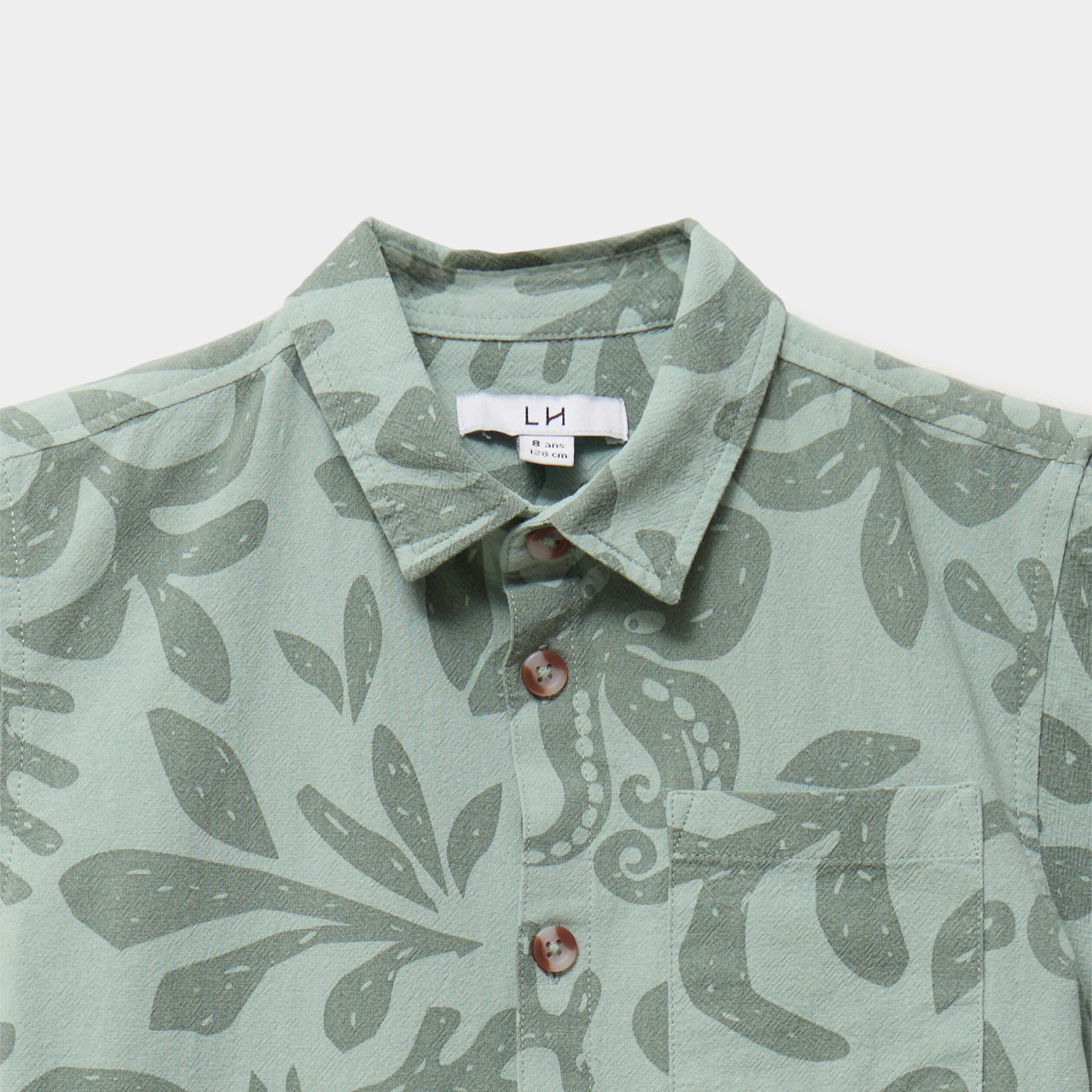 Chemise droite manches courtes coton vert kaki gar&ccedil;on