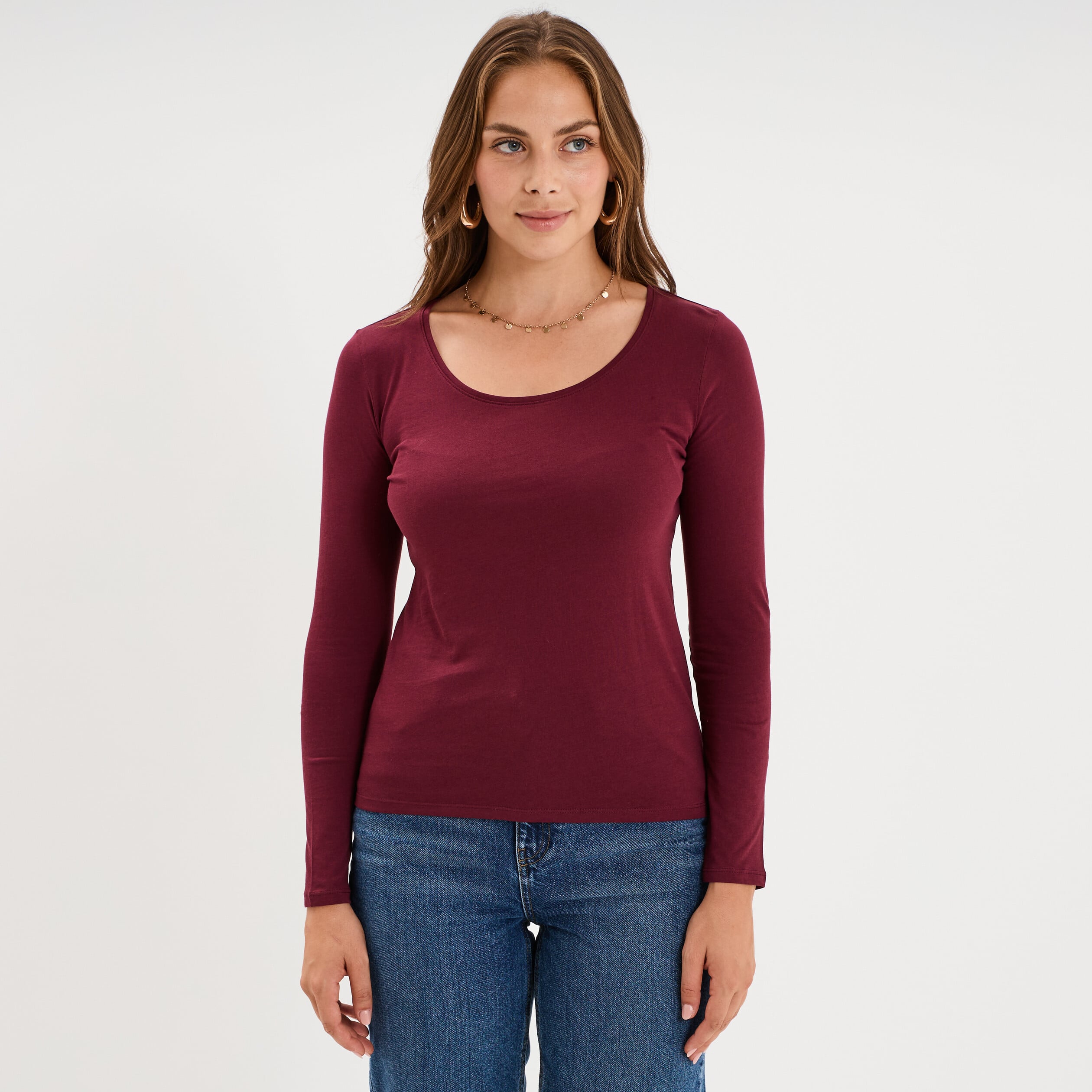 T-shirt coton col rond manches longues bordeaux femme