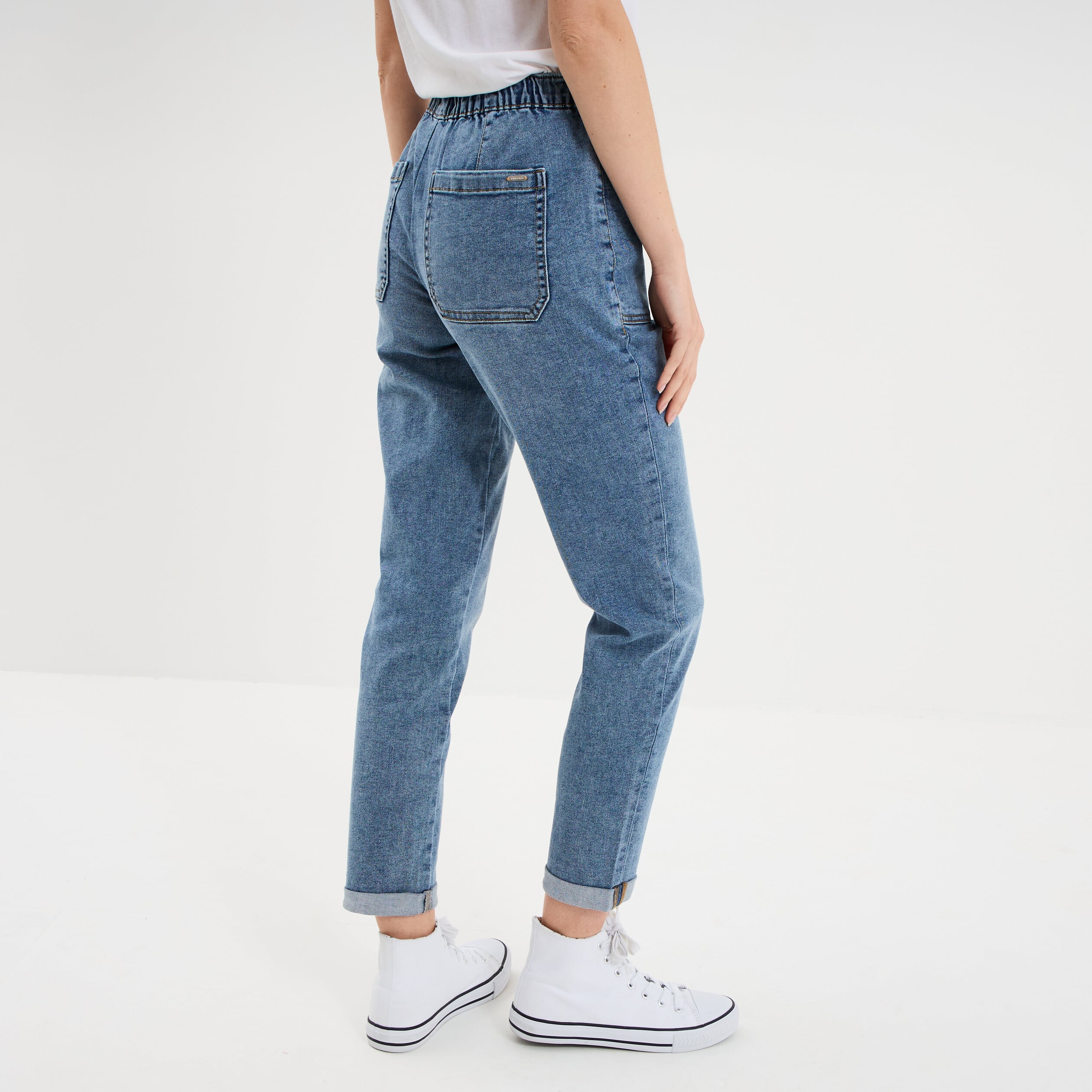 Jeans droit cropped taille &eacute;lastiqu&eacute;e denim stone femme