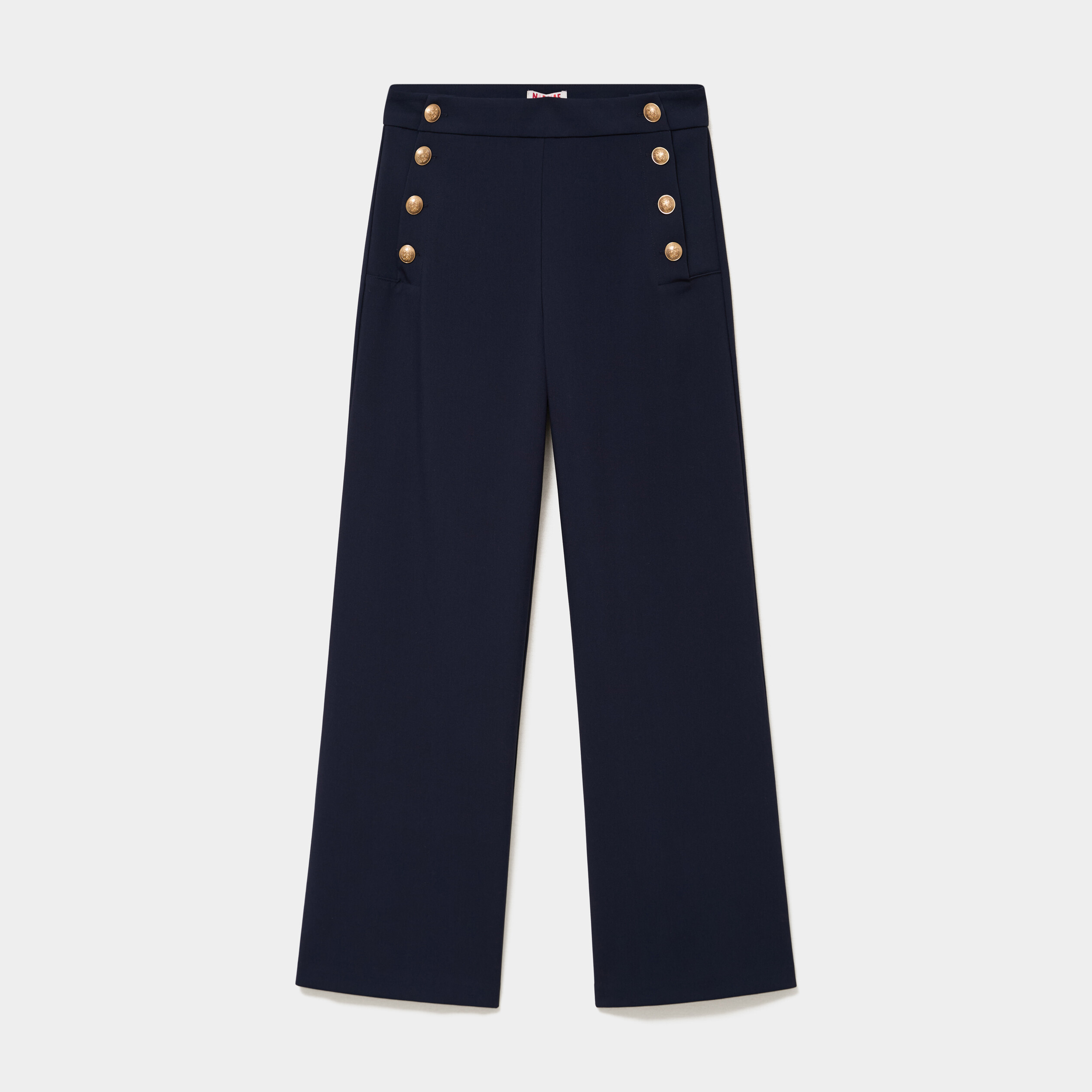 Pantalon wide leg &agrave; pont boutonn&eacute; bleu fonc&eacute; femme