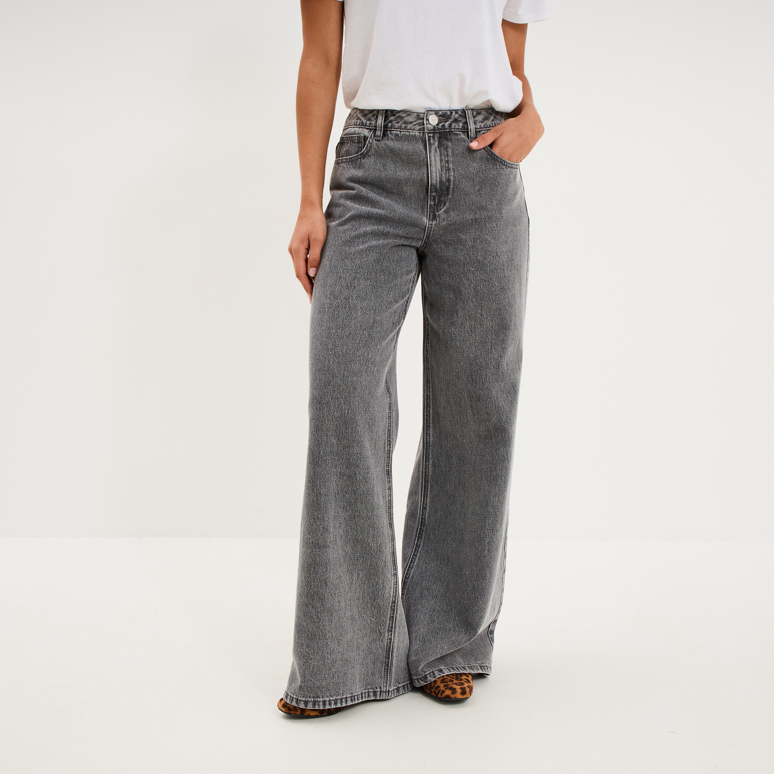Jeans extra wide leg taille haute denim gris femme