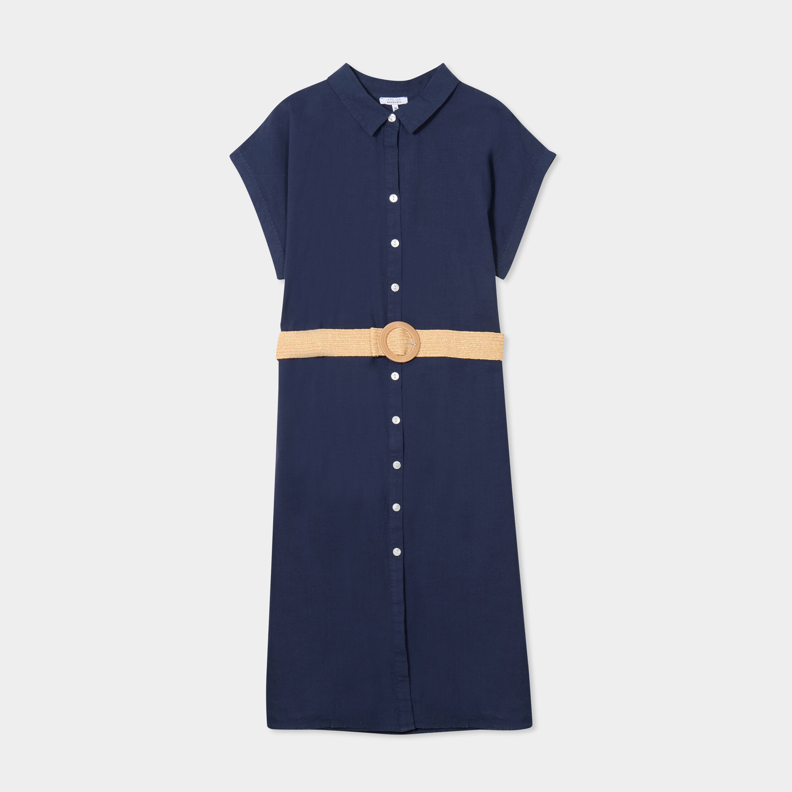 robe chemise ceinturee coton bleu fonce femmegt Robe chemise ceinturée coton bleu foncé femme grande taille