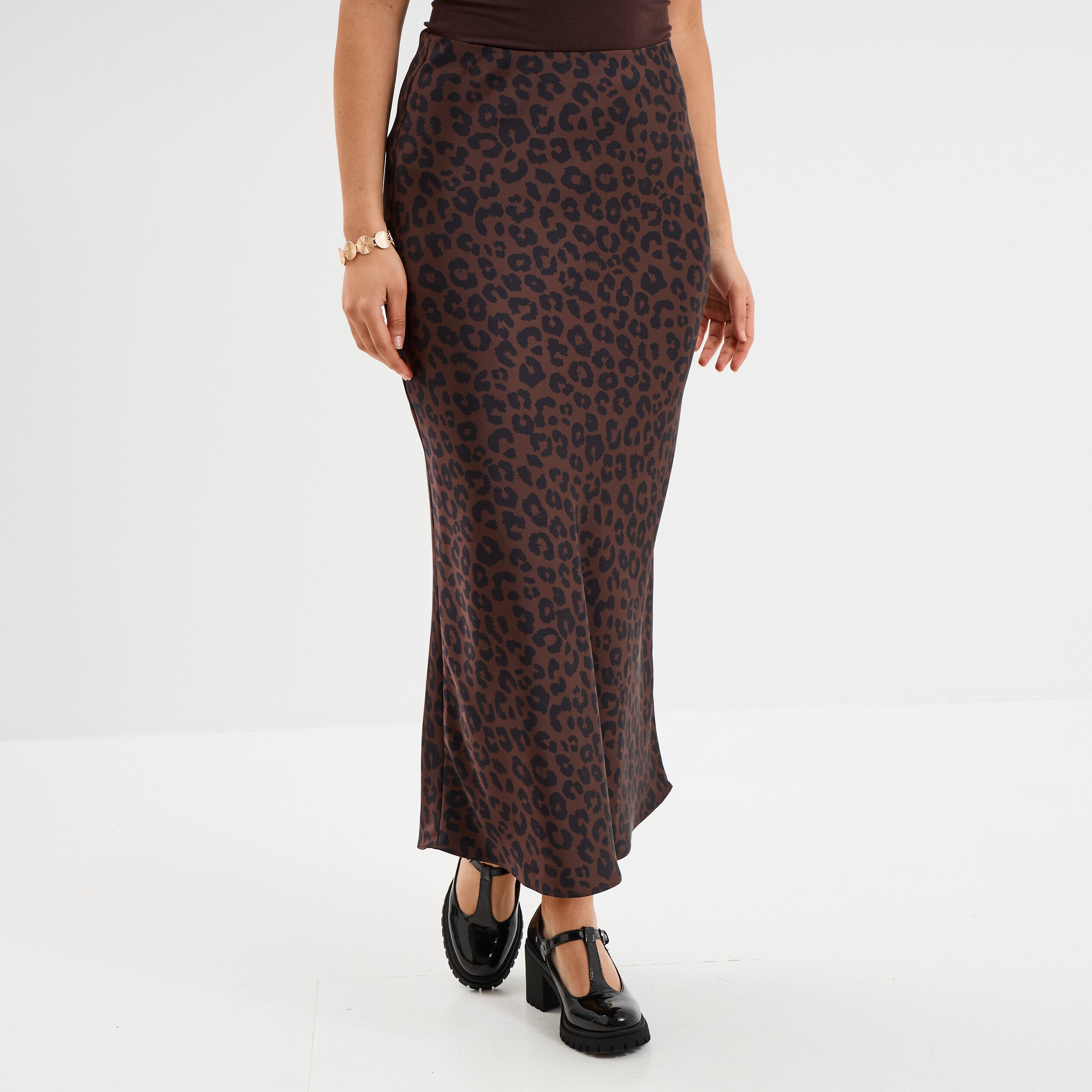 Jupe effet satin midi évasée marron foncé femme