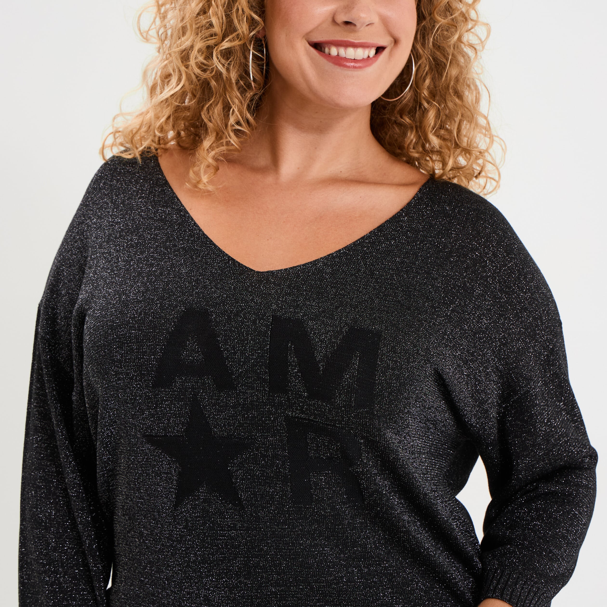 Pull manches 3/4 chauve-souris noir femme grande taille