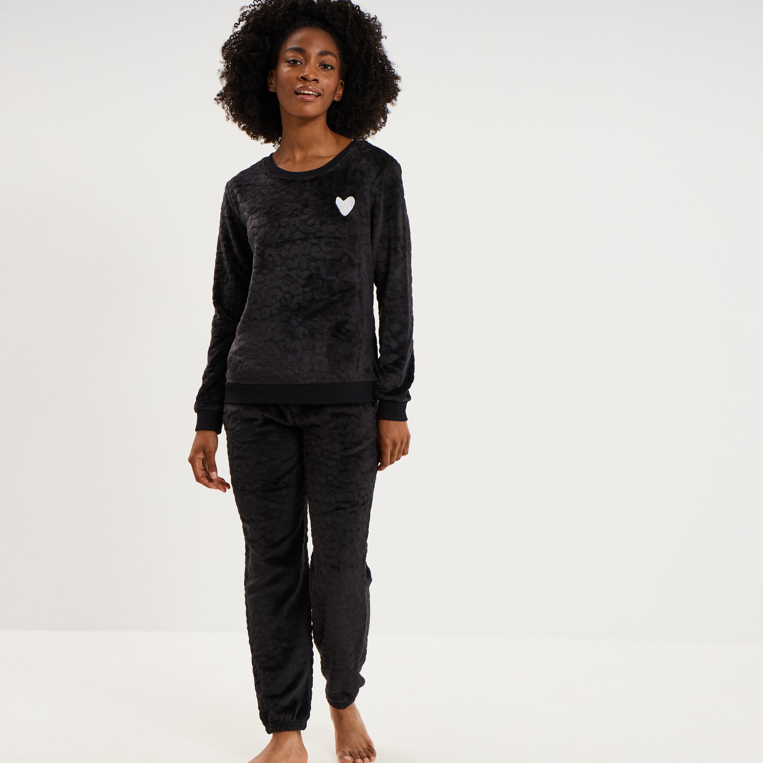 Ensemble pyjama effet polaire col rond noir femme