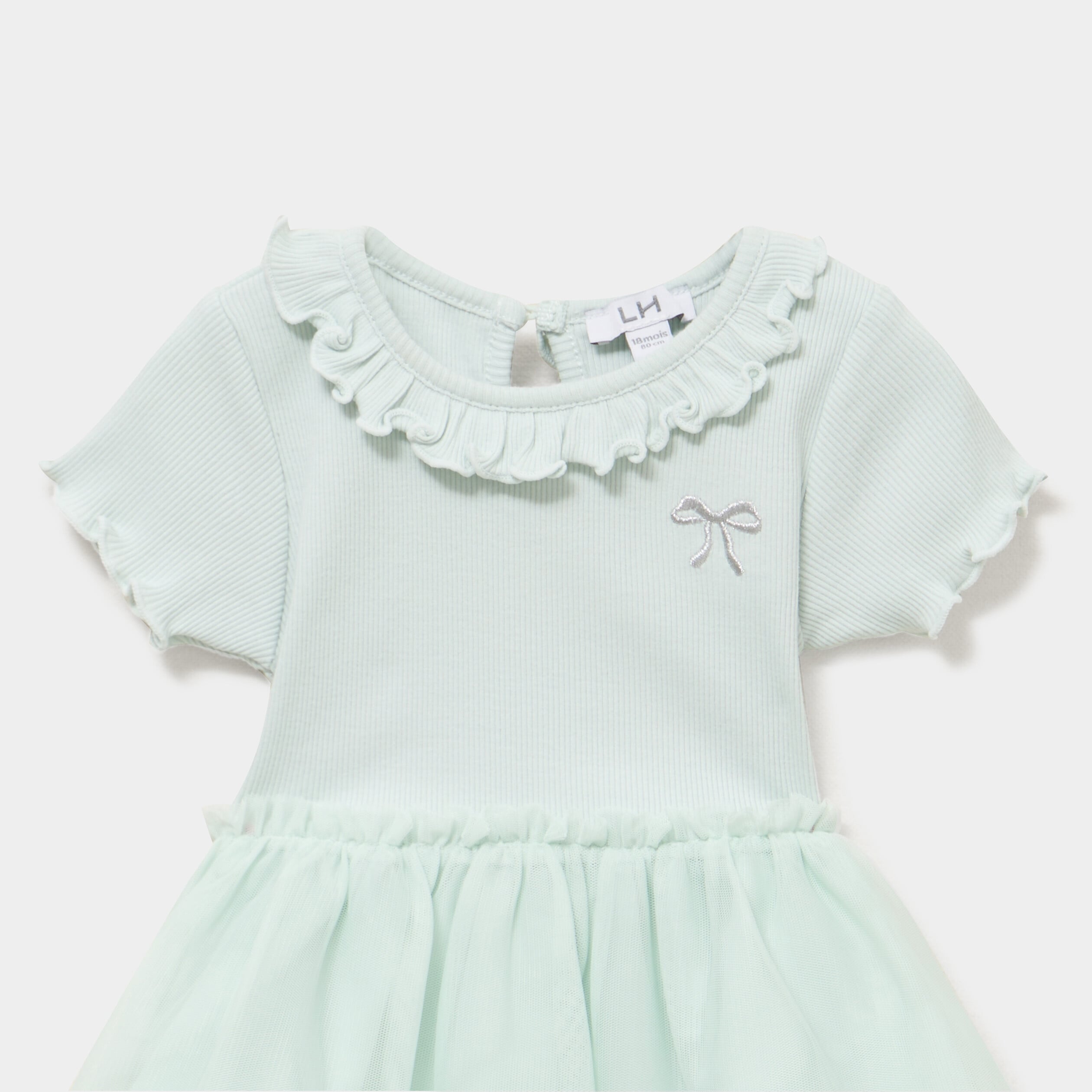 Robe c&ocirc;tel&eacute;e bas en tulle col claudine vert pastel b&eacute;b&eacute; fille