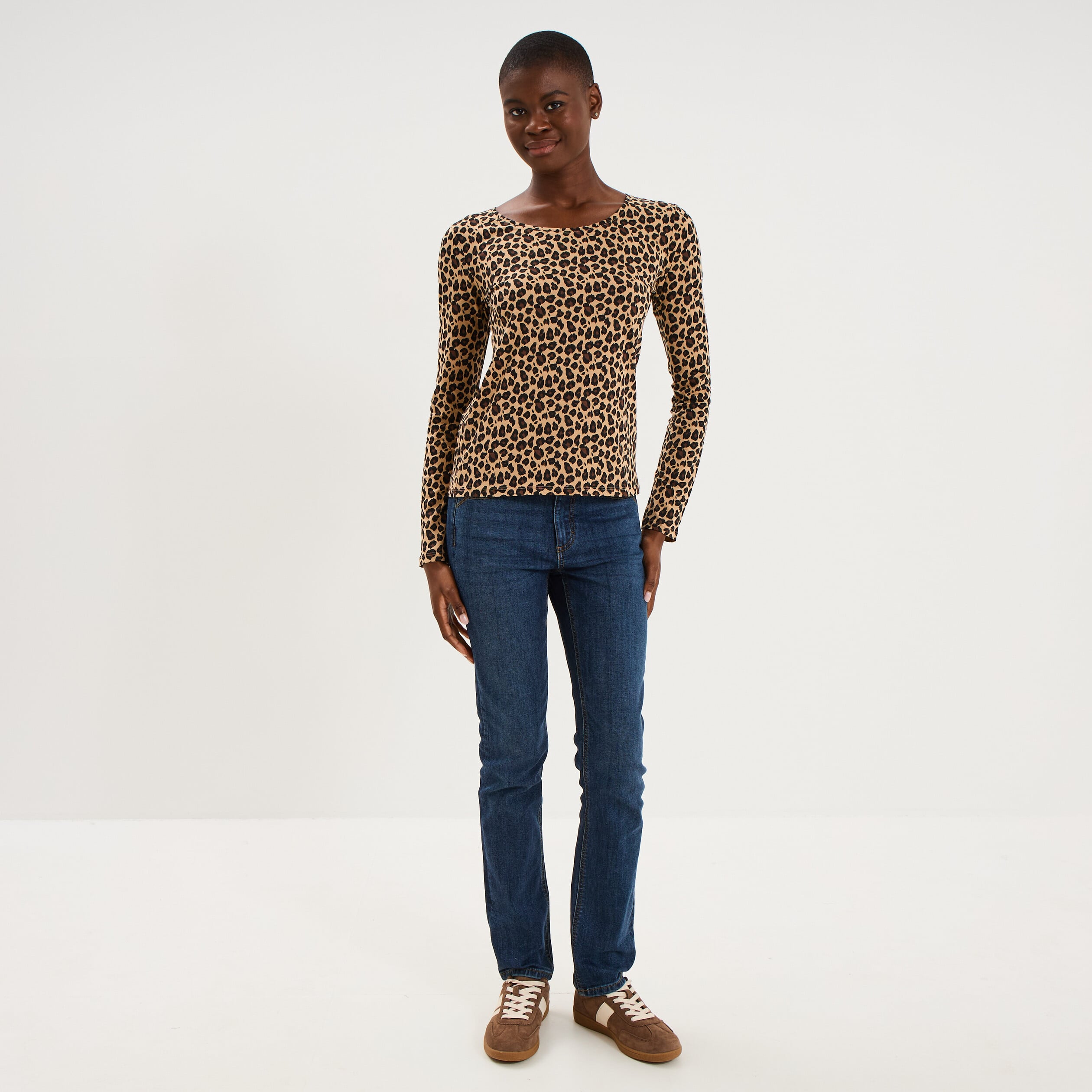 T-shirt col rond manches longues coton beige femme