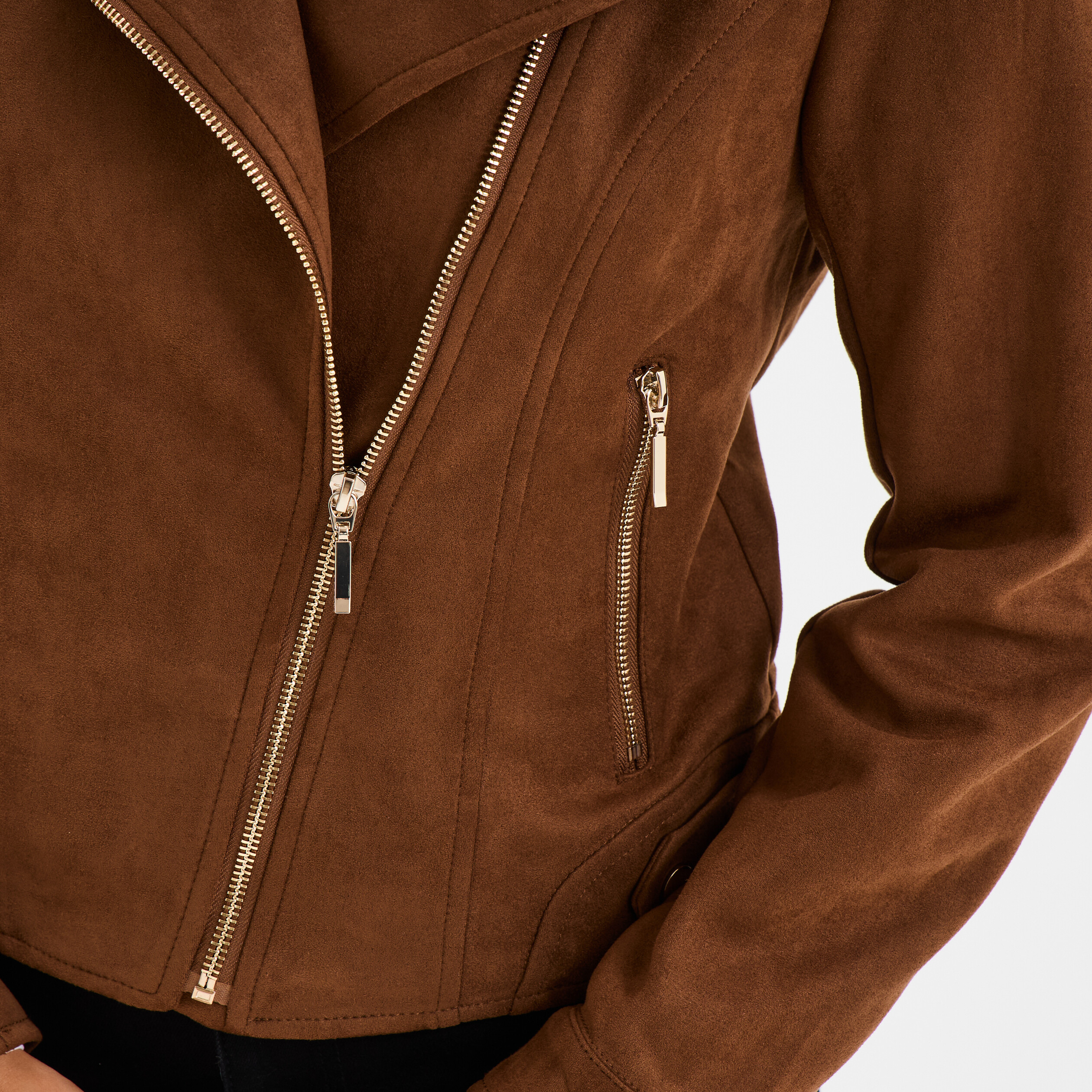 Veste courte esprit biker effet suédine camel femme
