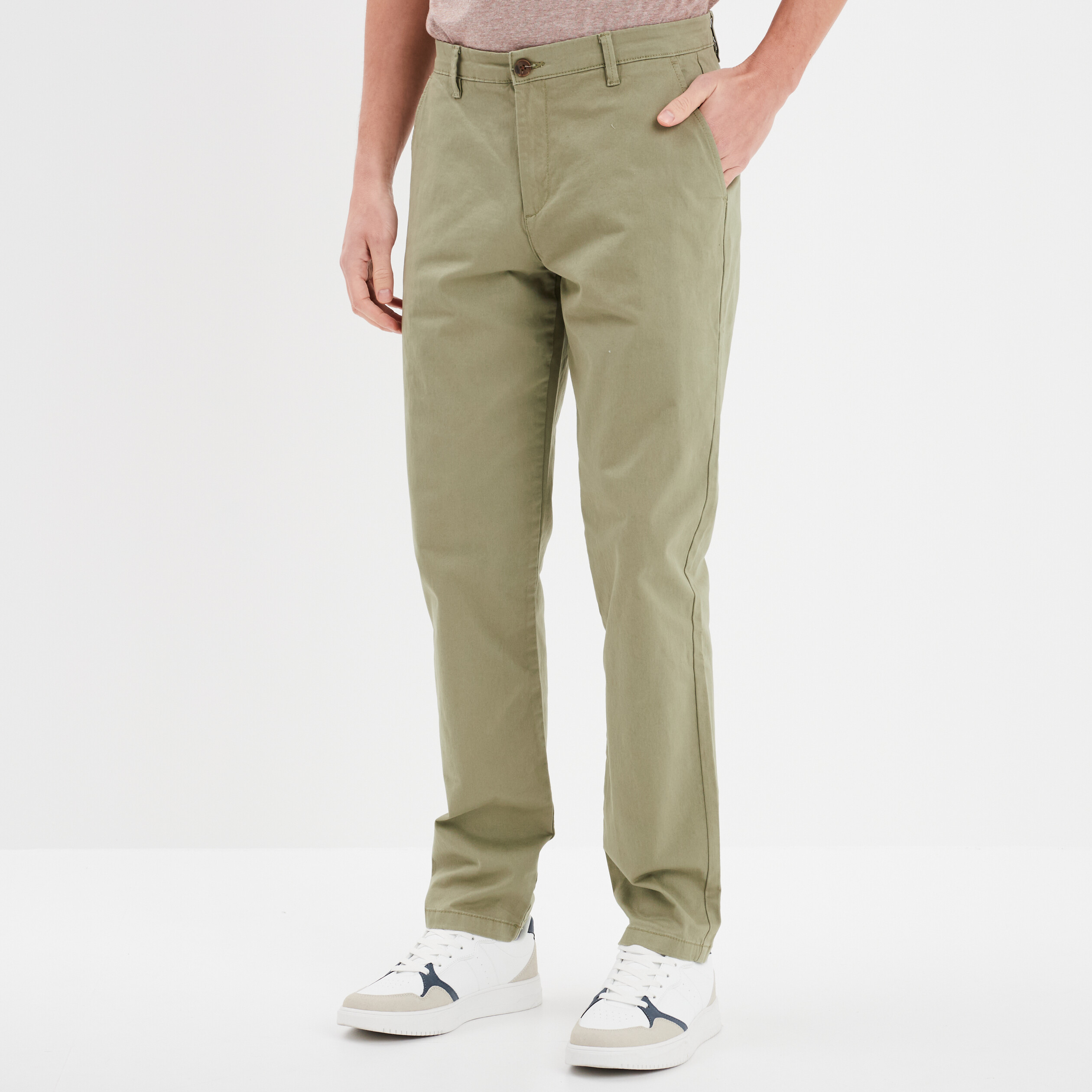 pantalon chino droit stretch retrousse vert kaki homme Pantalon chino droit stretch retroussé vert kaki homme