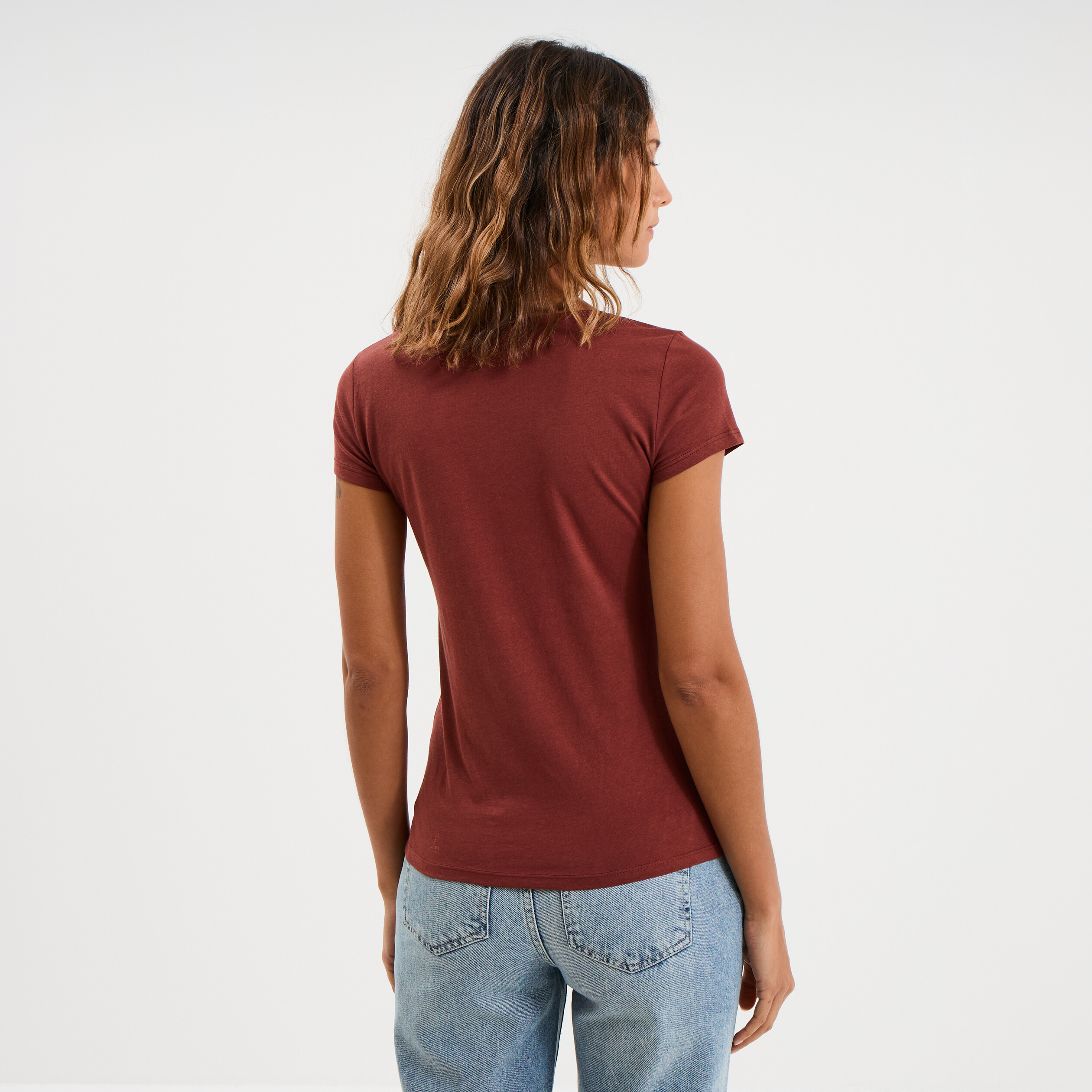 T-shirt coton col rond manches courtes marron cognac femme