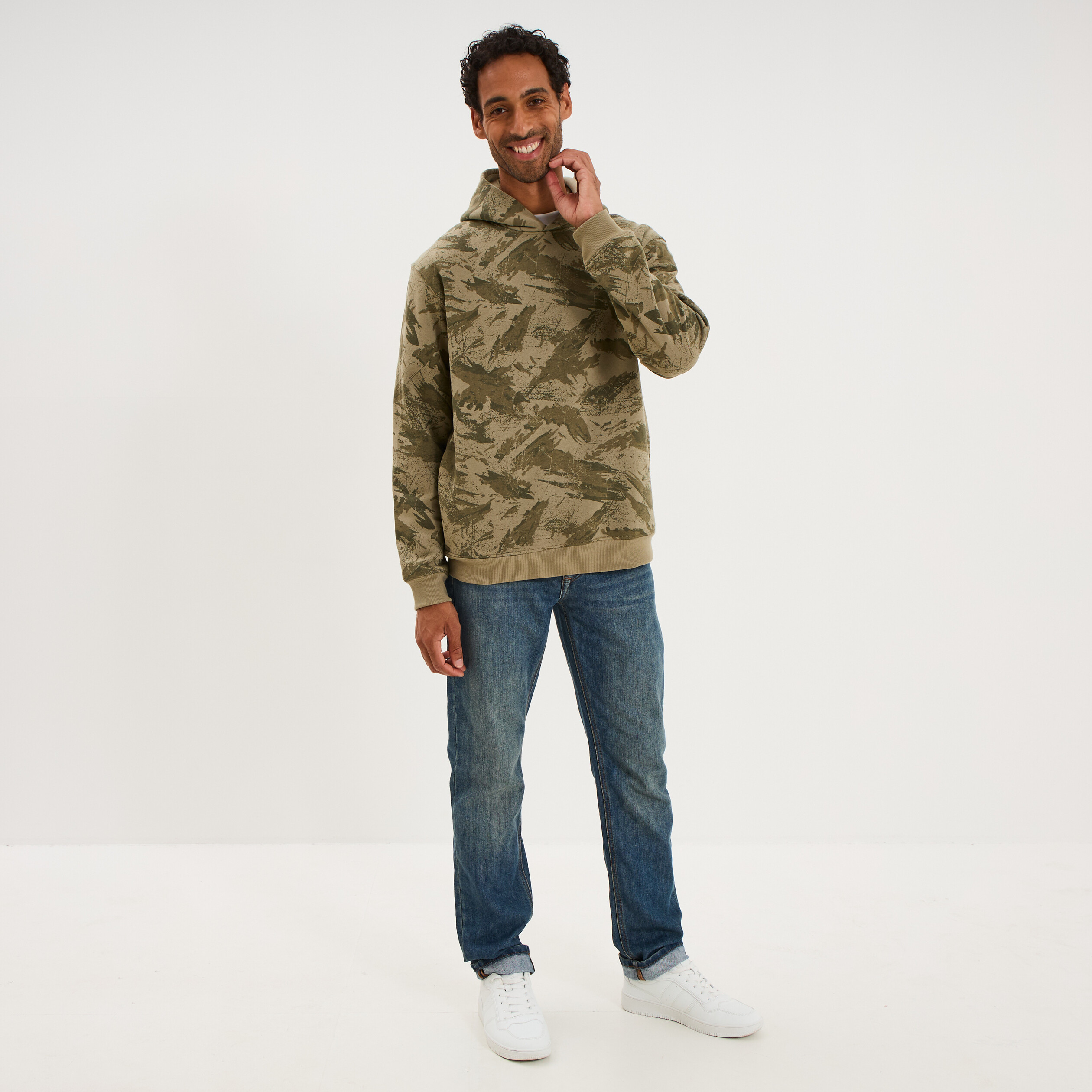 Sweat hoodie &agrave; capuche molleton vert kaki homme