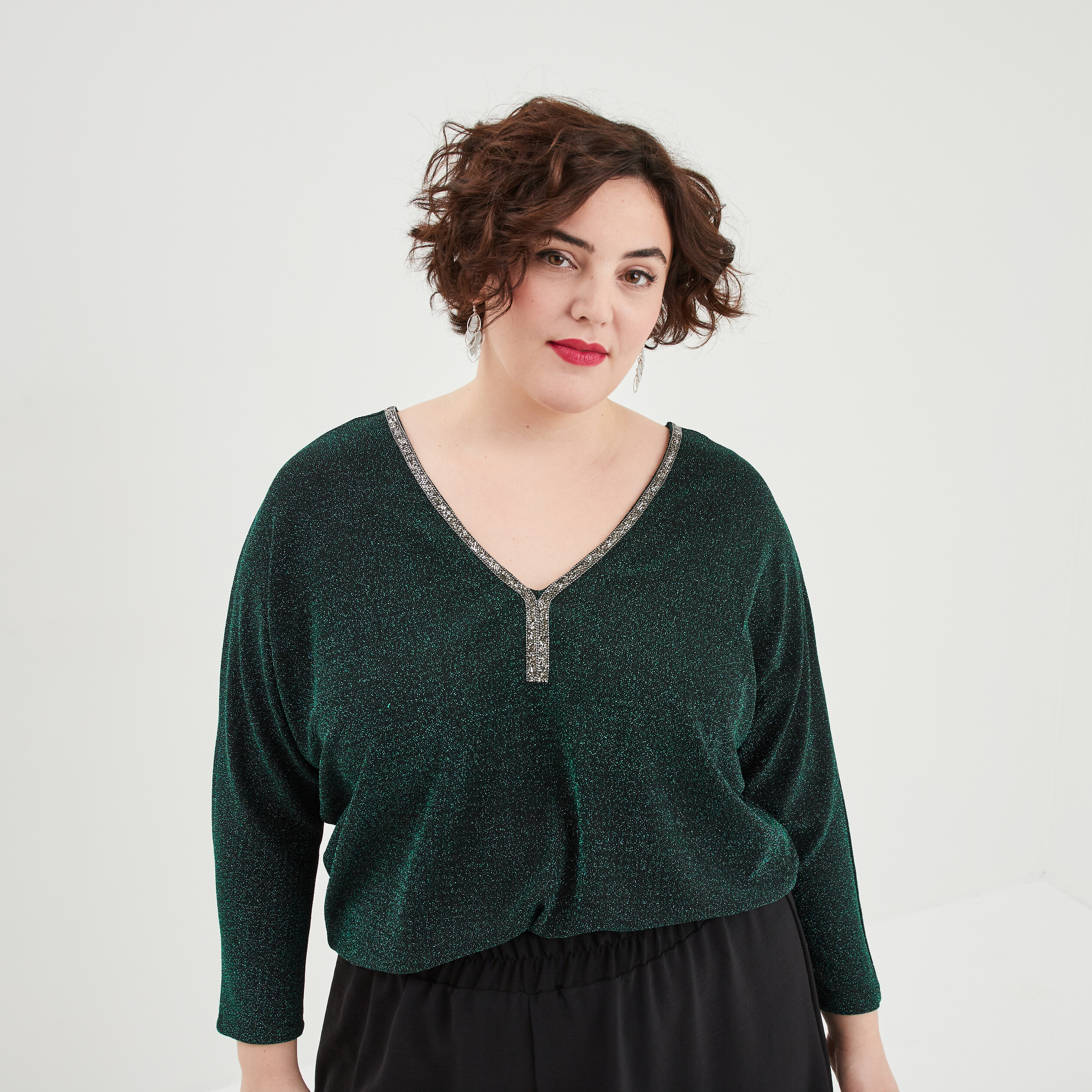 T-shirt manches chauves-souris dos en V vert canard femme grande taille