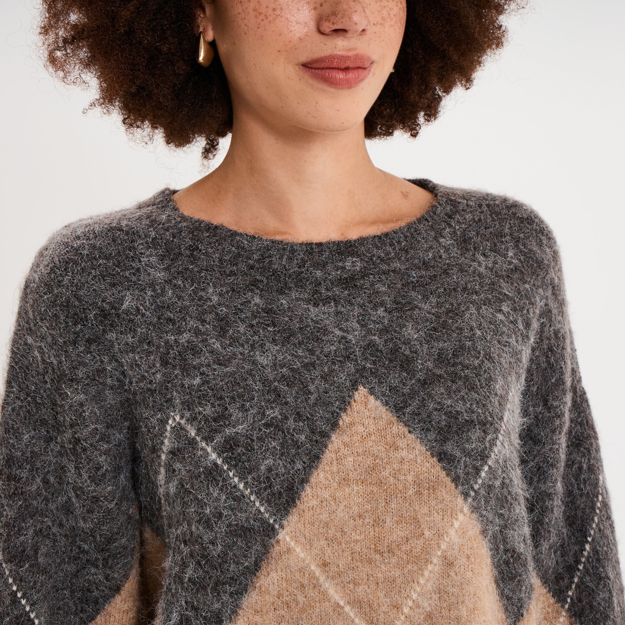 Pull col rond oversize en maille laine gris moyen femme