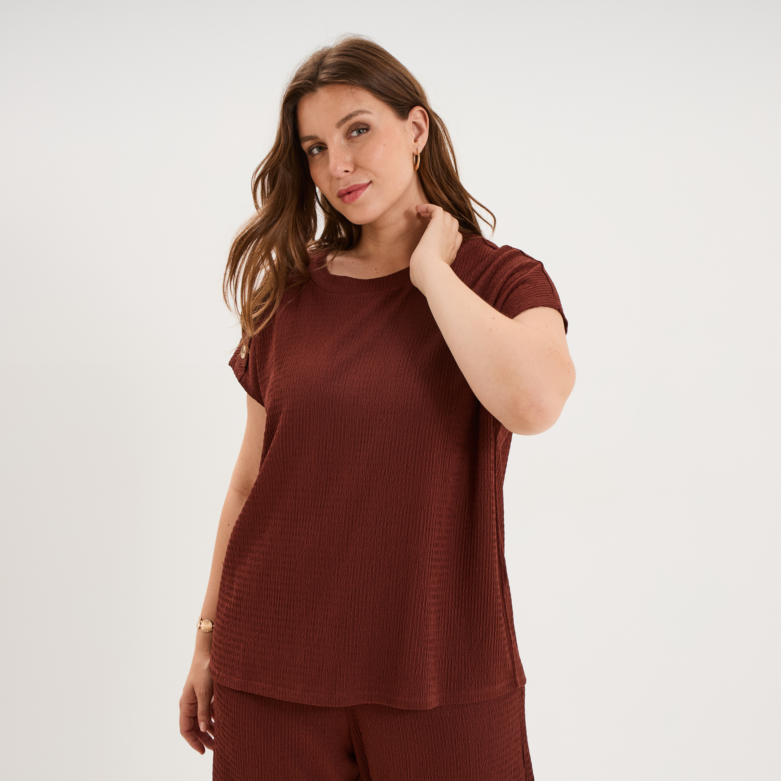 T-shirt manches courtes gaze de coton bordeaux femme grande taille