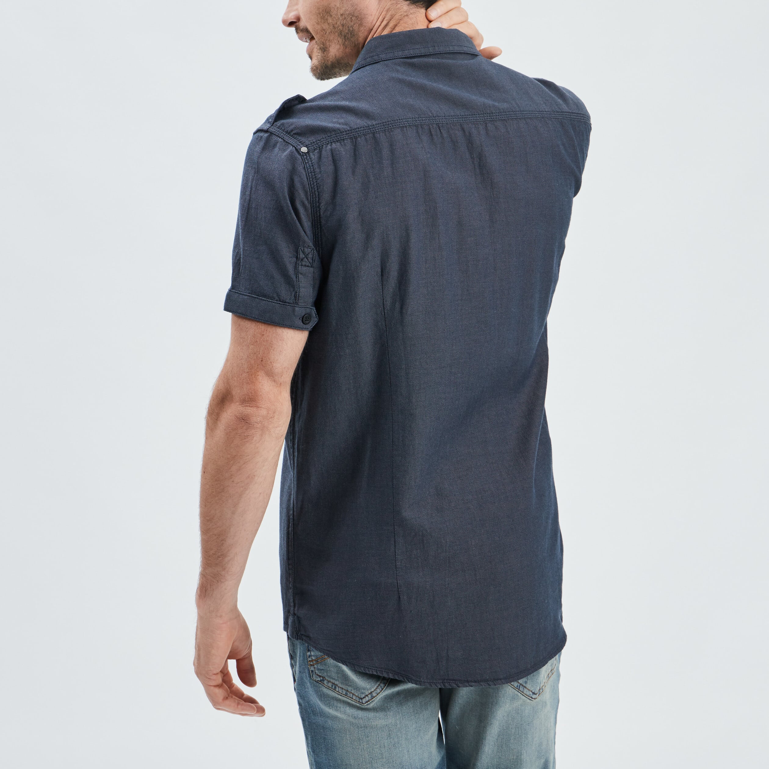 Chemise col italien manches courtes bleu homme